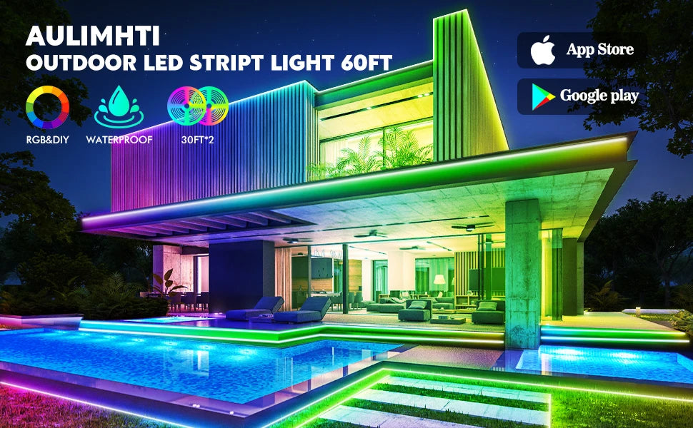 Outdoor Waterproof LED Strip Lights,50Ft Music Sync RGB IP65 Led Lights with App Control and Remote,Color Changing Waterproof Led Rope Lights for Outdoor,Balcony,Roof,Garden,Stairs Party