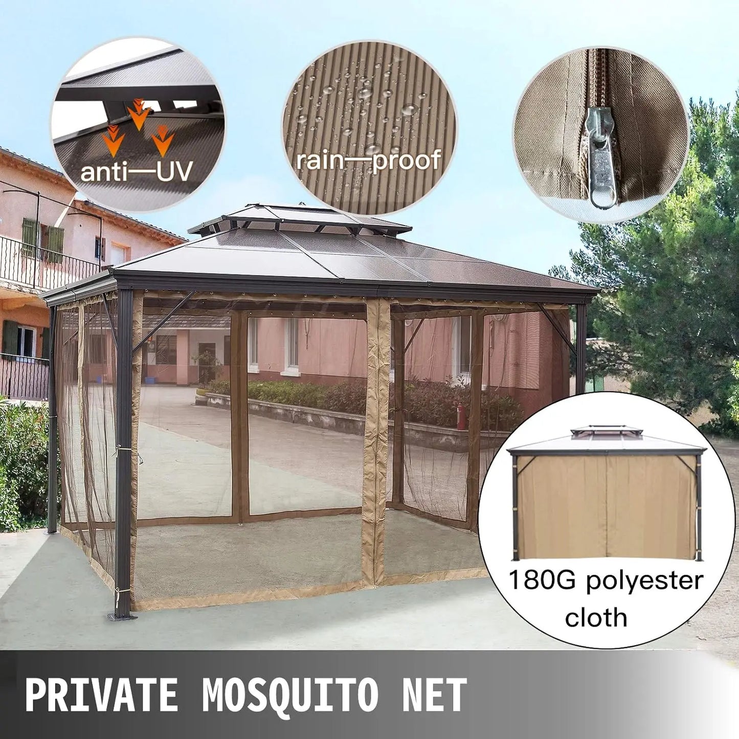 Polycarbonate Hardtop 10x10 Gazebo with Netting Aluminum Double Tier Roof for Patio Backyard Outdoor, Customized