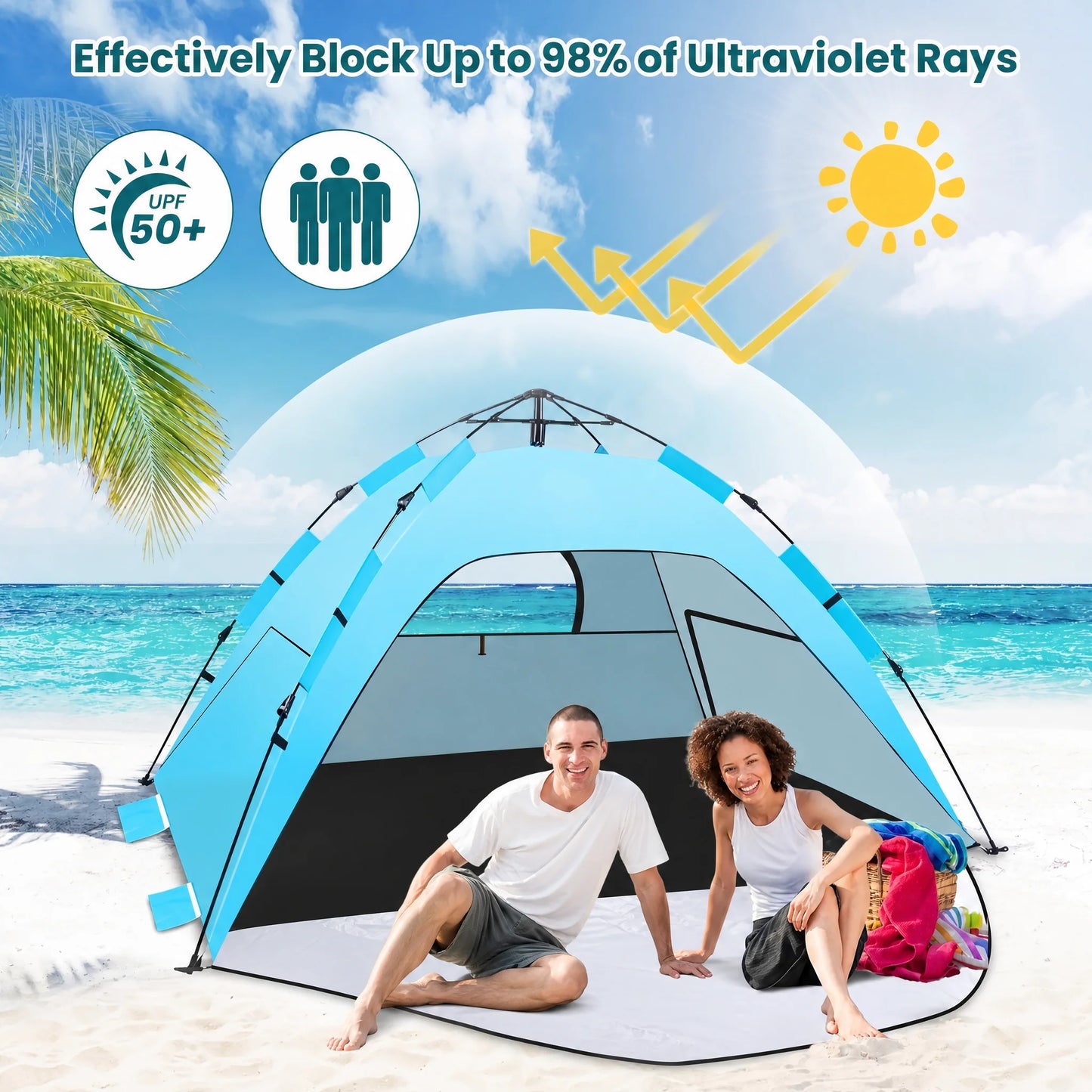 Automatic Rainproof Sunshine-proof Instant Pop-Up Beach Tent Sun Shelter with UPF 50+ UV Protection,Lightweight Easy Setup Portable Beach Canopy Portable Foldable Sun Shelter for Camping,Hiking,Fishing, Outdoor,Family Beach V