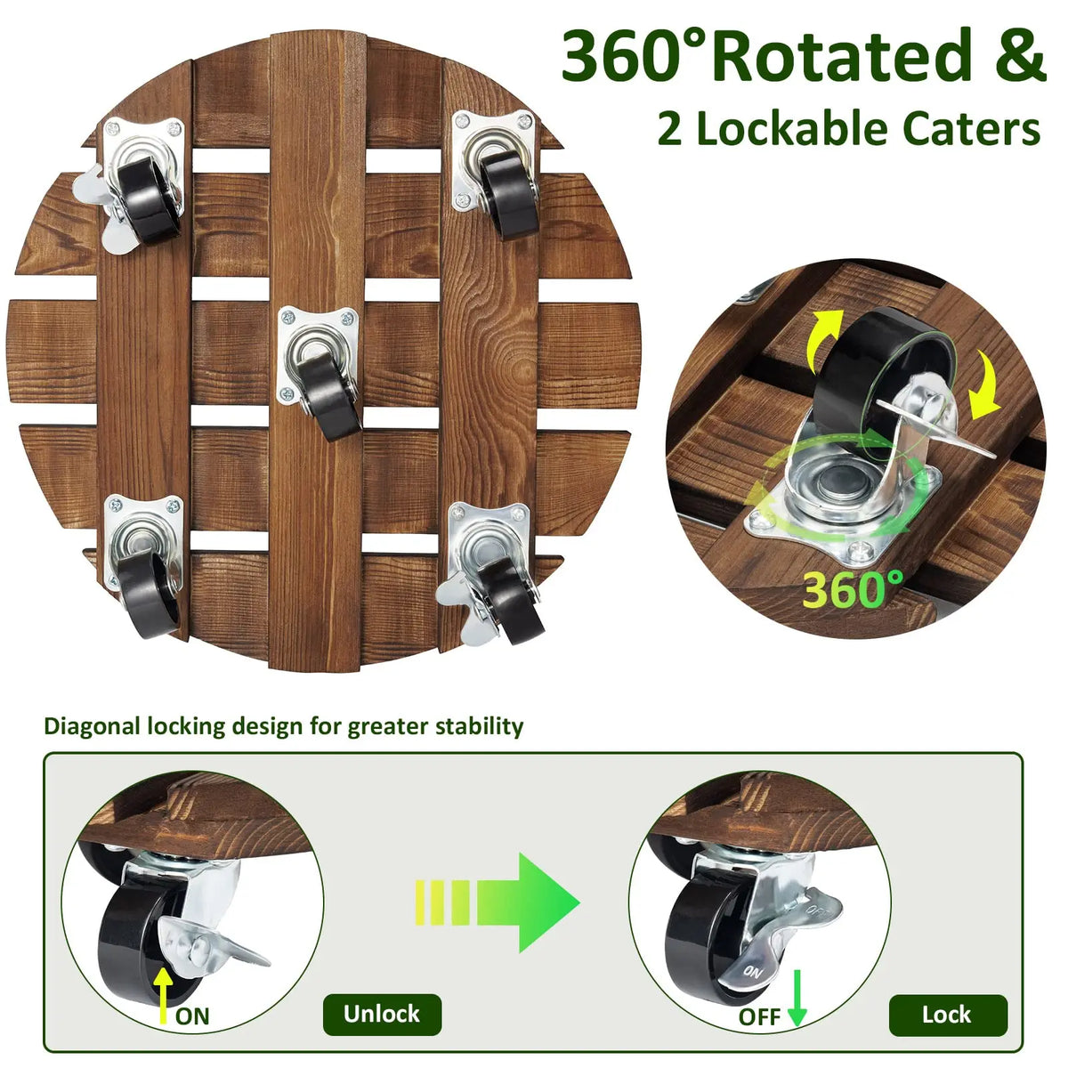 2Pack 12'' Wood Plant Caddy Rolling Plant Stand with 2 Lockable 360° Caster Wheels Indoor Outdoor Patio Flower Pot Succulent Pots Duty