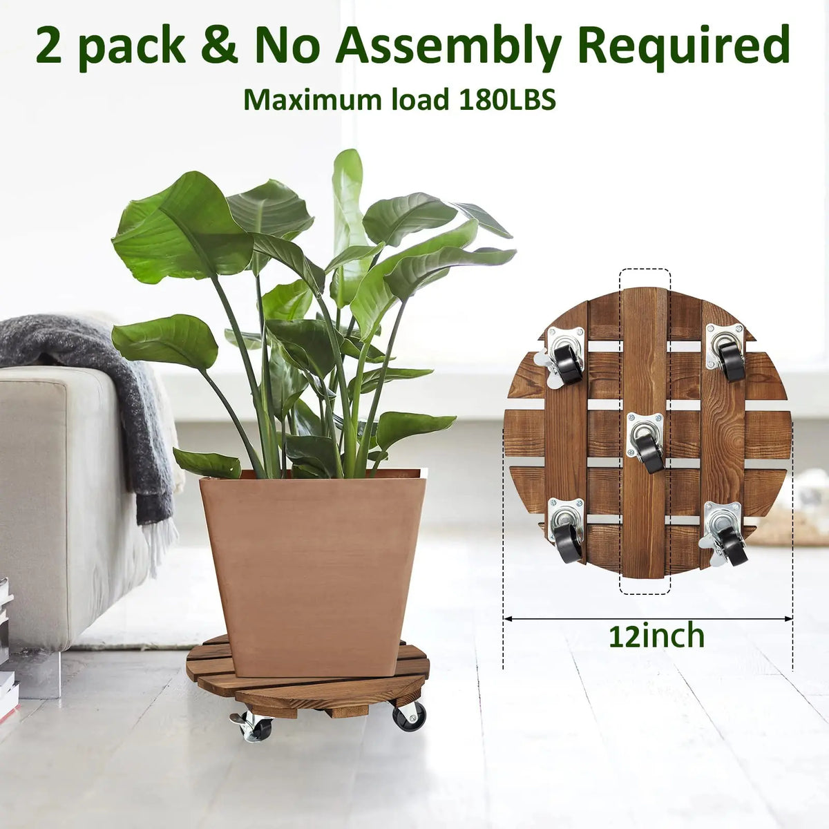 2Pack 12'' Wood Plant Caddy Rolling Plant Stand with 2 Lockable 360° Caster Wheels Indoor Outdoor Patio Flower Pot Succulent Pots Duty