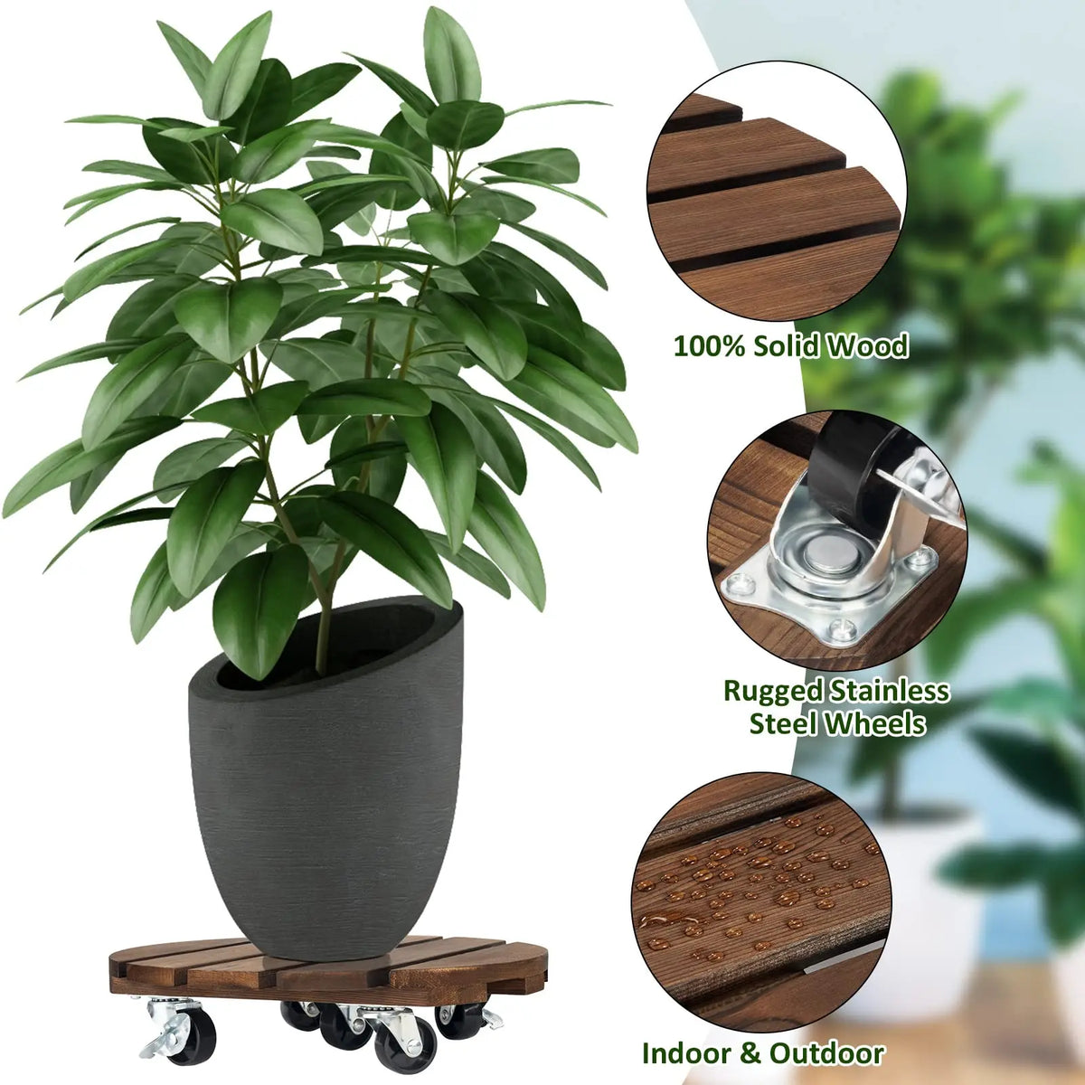 2Pack 12'' Wood Plant Caddy Rolling Plant Stand with 2 Lockable 360° Caster Wheels Indoor Outdoor Patio Flower Pot Succulent Pots Duty