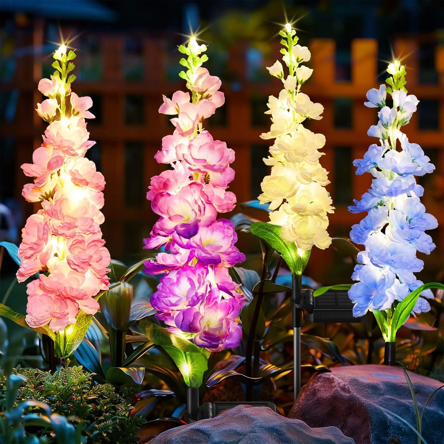 Solar Garden Lights, Solar Delphinium Flowers Lights 4 Pack 80 LEDs, Waterproof Outdoor Light Two Lighting Modes for Outside Wedding Party Garden Yard Patio Lawn Decor