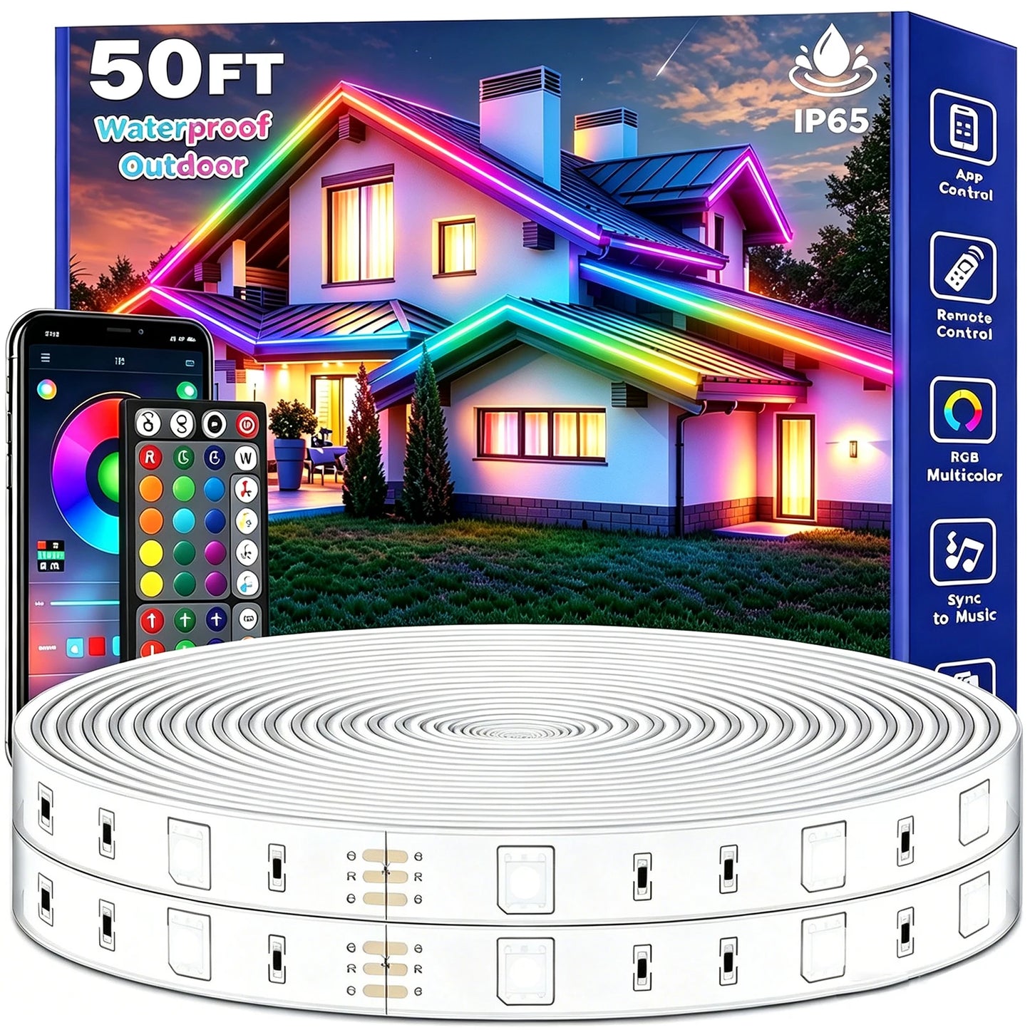 Outdoor Waterproof LED Strip Lights,50Ft Music Sync RGB IP65 Led Lights with App Control and Remote,Color Changing Waterproof Led Rope Lights for Outdoor,Balcony,Roof,Garden,Stairs Party