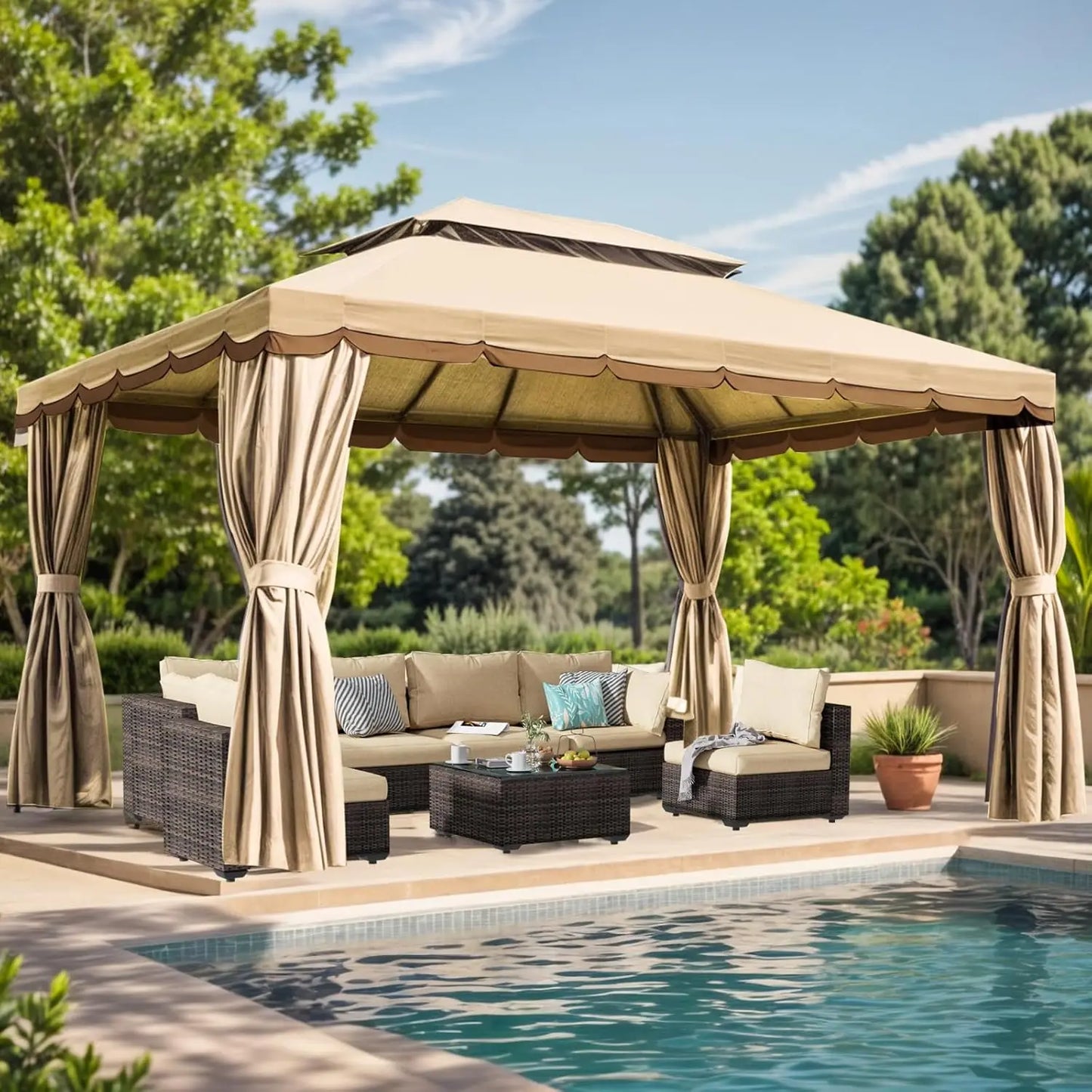 10'x13' Outdoor Patio Gazebo,Heavy Duty Party Tent & Shelter with Double Roofs, Mosquito Nettings and Curtains for, Custom