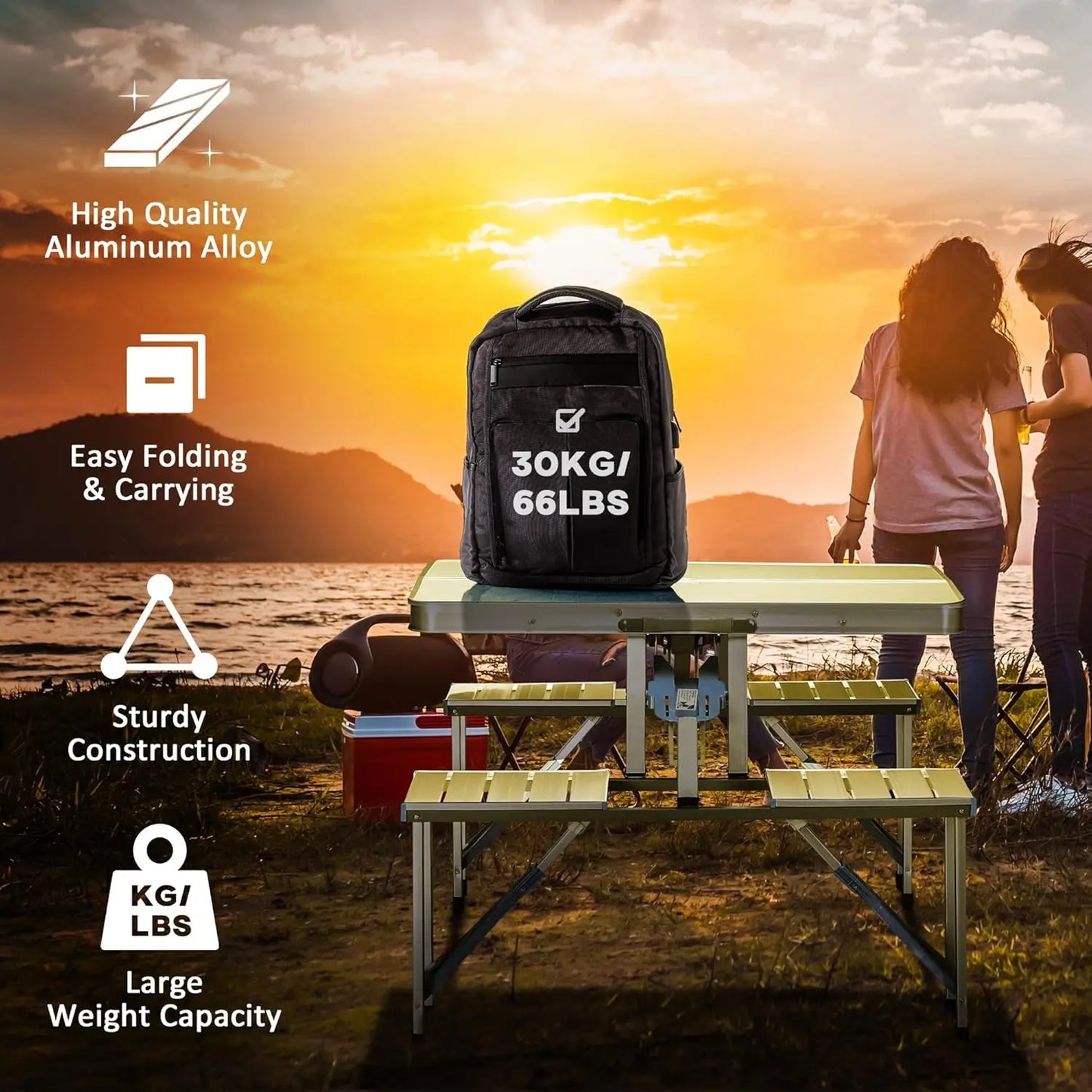 Folding Picnic Table with Umbrella Hole, Aluminum Suitcase Portable Outdoor Table with Bench, Patio, Porch or, Customized