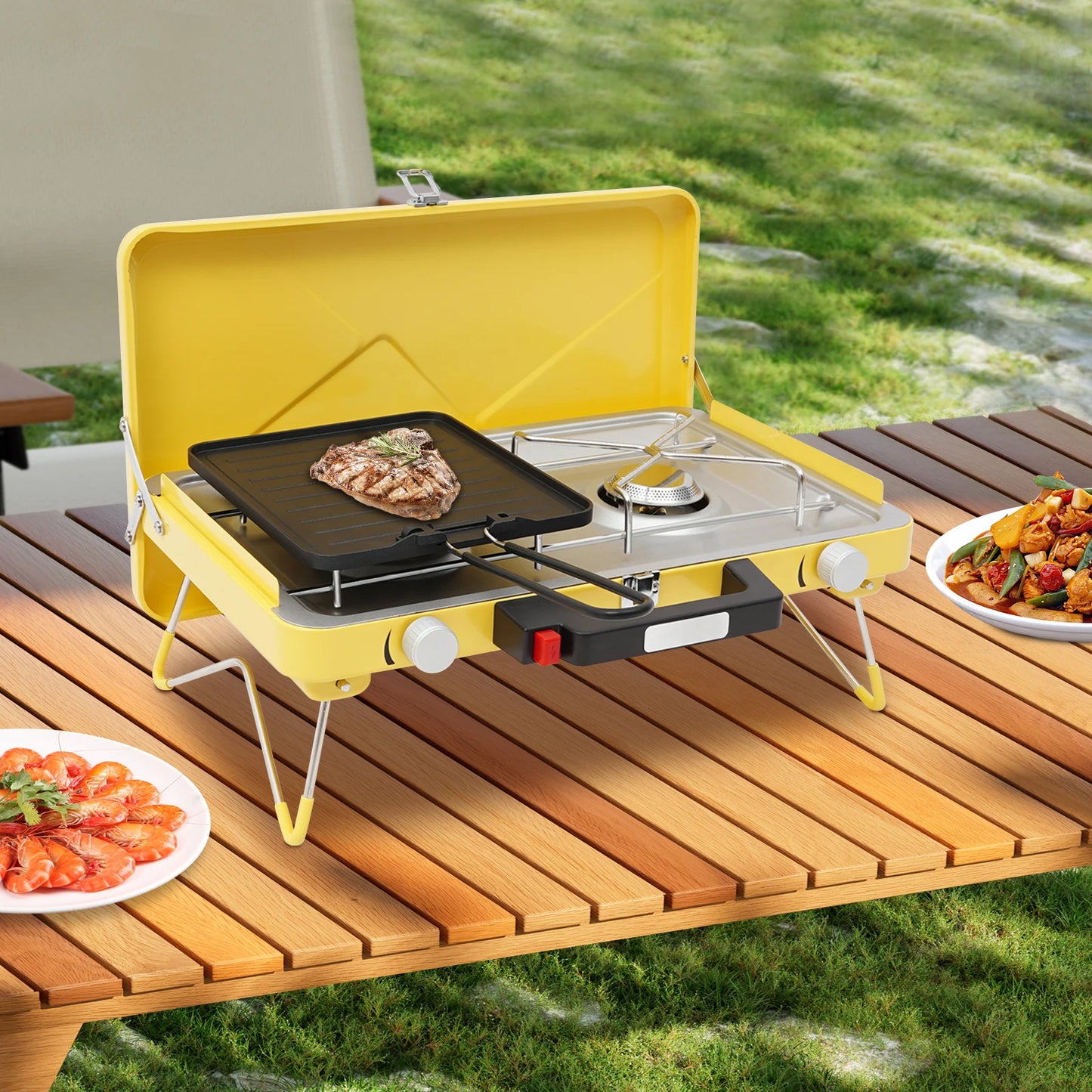 2-Burner Camping Stove 3500W, Portable Gas Grill with Piezoelectric Ignition & Windshield for Outdoor BBQ Picnic