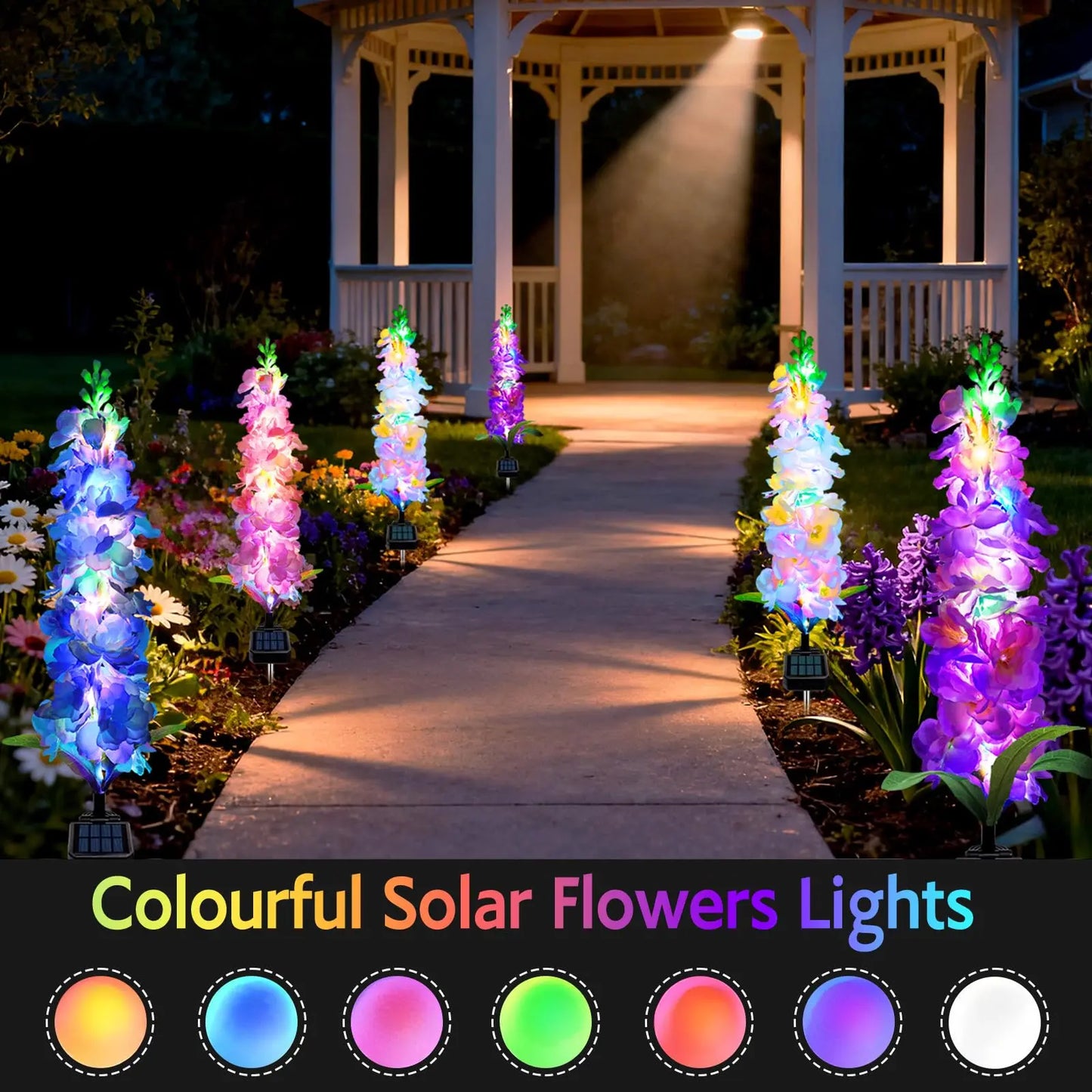Solar Garden Lights, Solar Delphinium Flowers Lights 4 Pack 80 LEDs, Waterproof Outdoor Light Two Lighting Modes for Outside Wedding Party Garden Yard Patio Lawn Decor