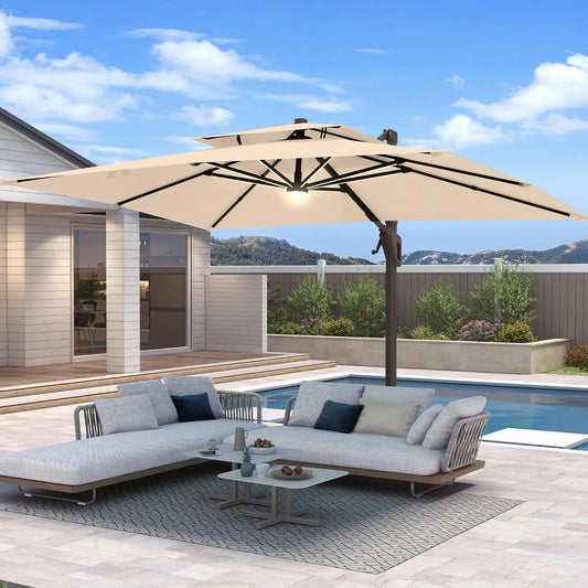 10 X 13 FT Cantilever Patio Umbrella with Base Included & Led Lights Outdoor Rectangle Offset Large Double Top, Customized