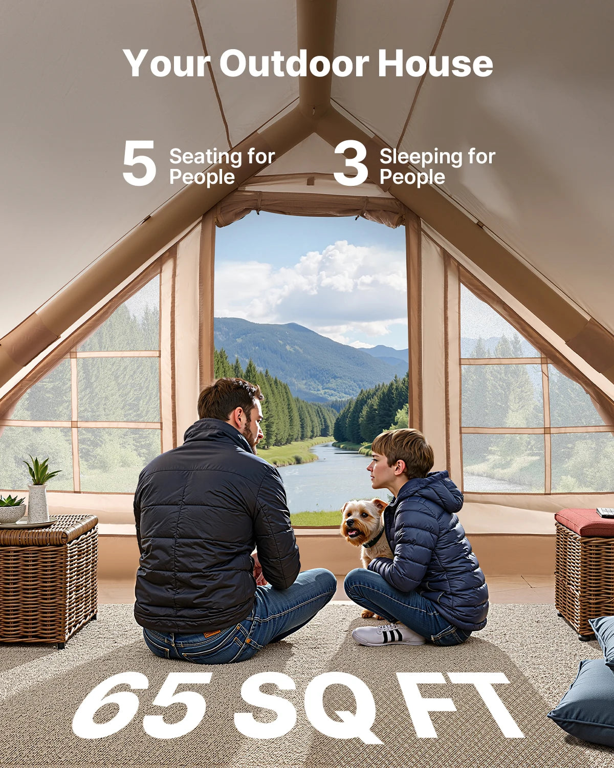 SucceBuy Inflatable Tents for Camping 3-5 Person Easy Setup Blow Tent with Hand Pump 300D Oxford Tent with Doors & Mesh Windows