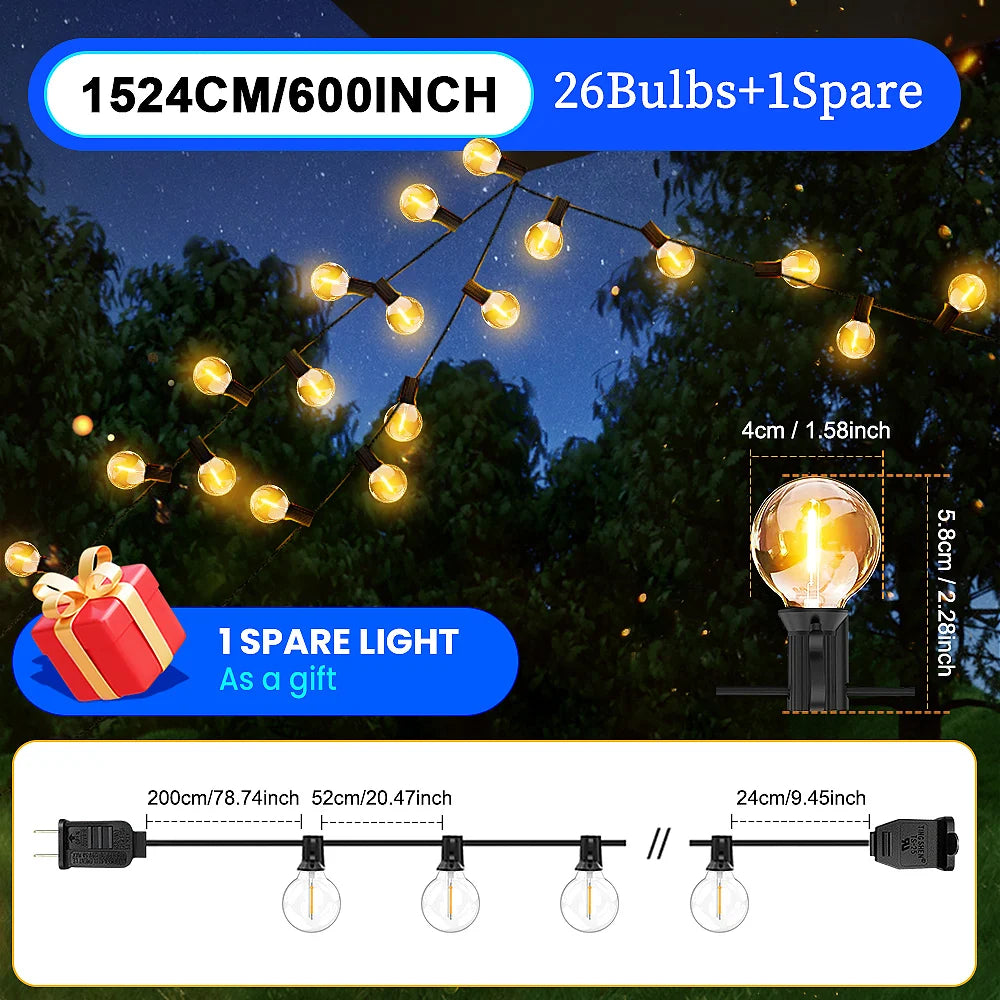30M/15M/7M G40 LED Globe String Lights Outdoor with US Plug, Bright Plastic Waterproof Bulbs For Party Garden Garland Lamp