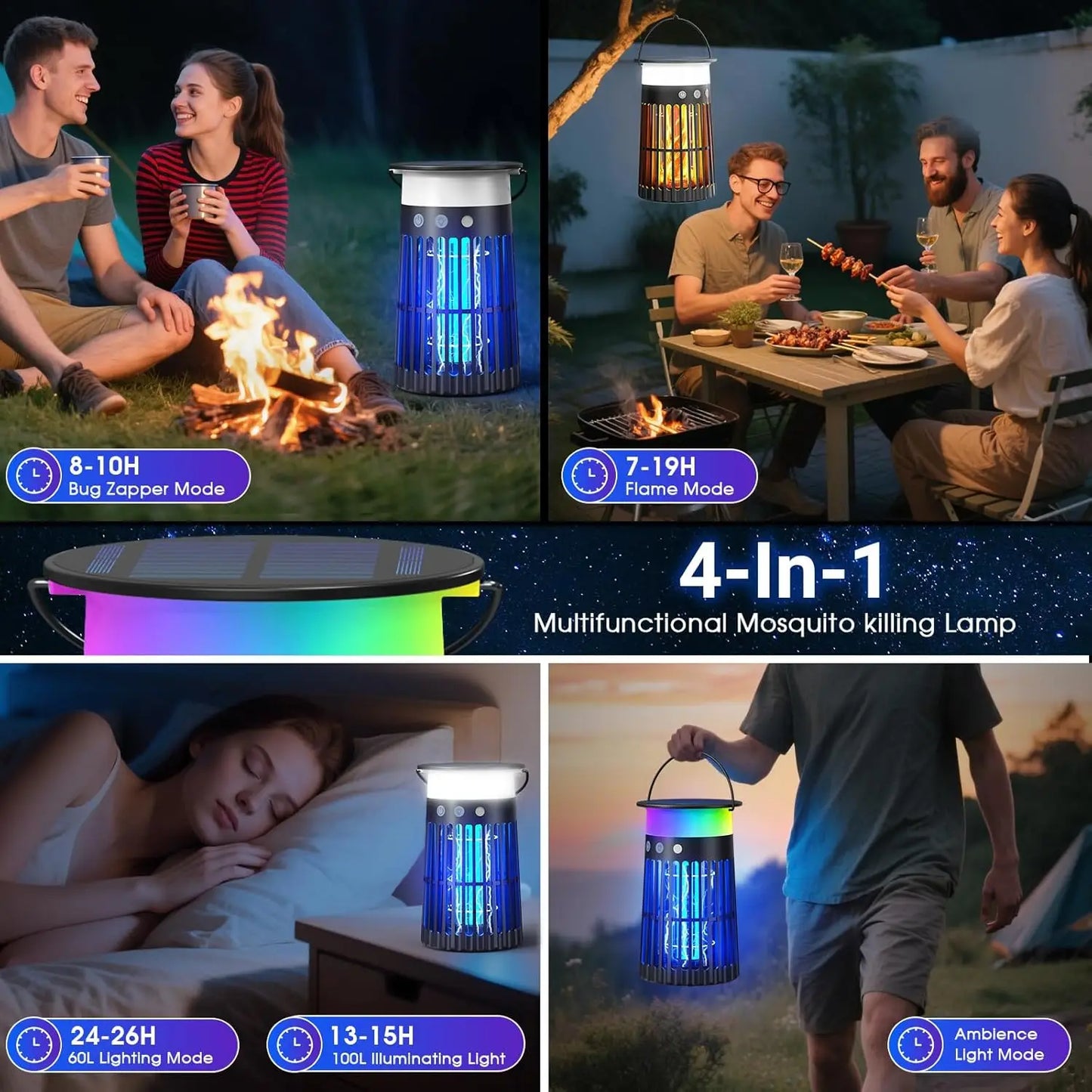 Solar Bug Zapper Outdoor, Portable Electric Mosquito Killer Rechargeable Insect Trap with LED Night Light and Flame Effect