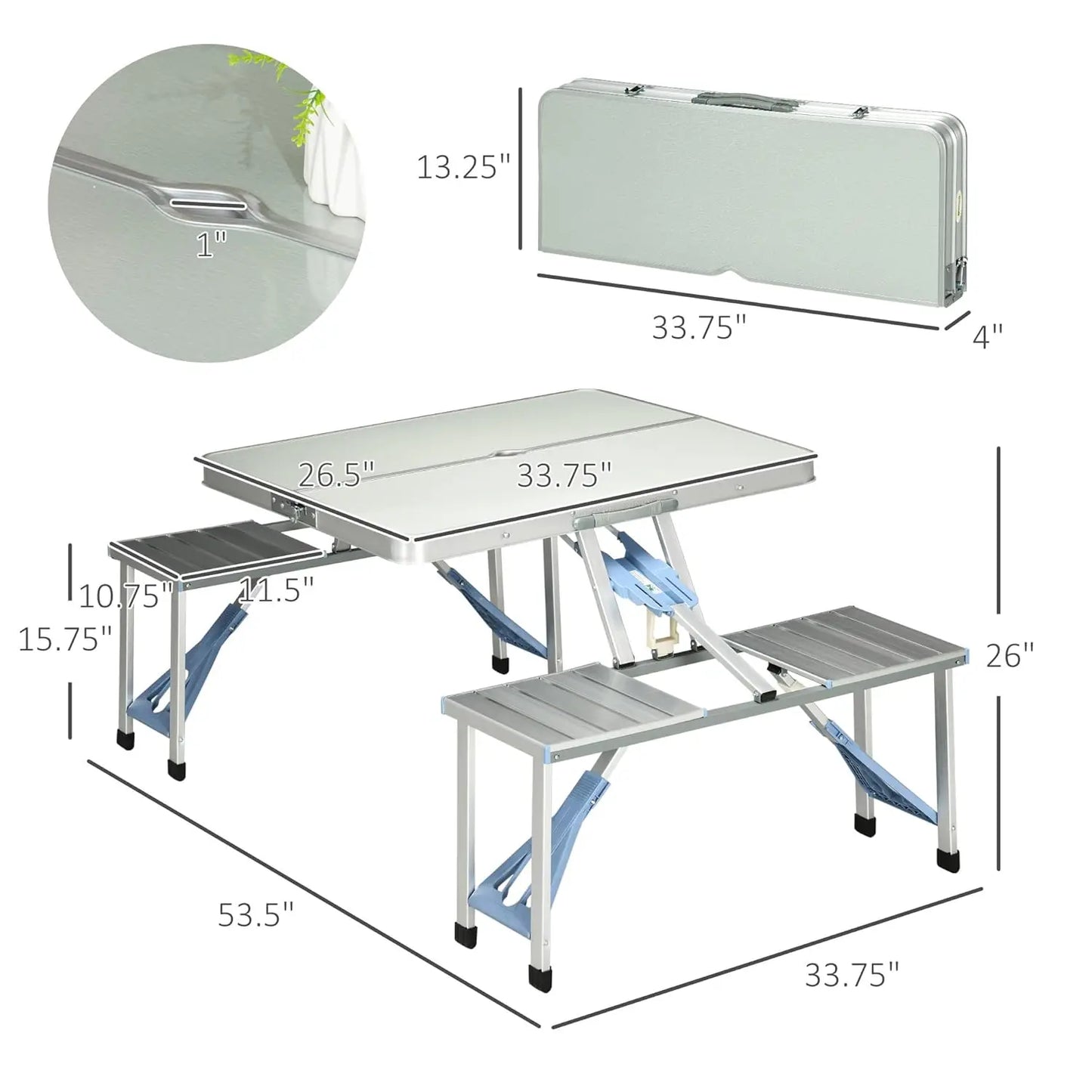 Folding Picnic Table with Umbrella Hole, Aluminum Suitcase Portable Outdoor Table with Bench, Patio, Porch or, Customized