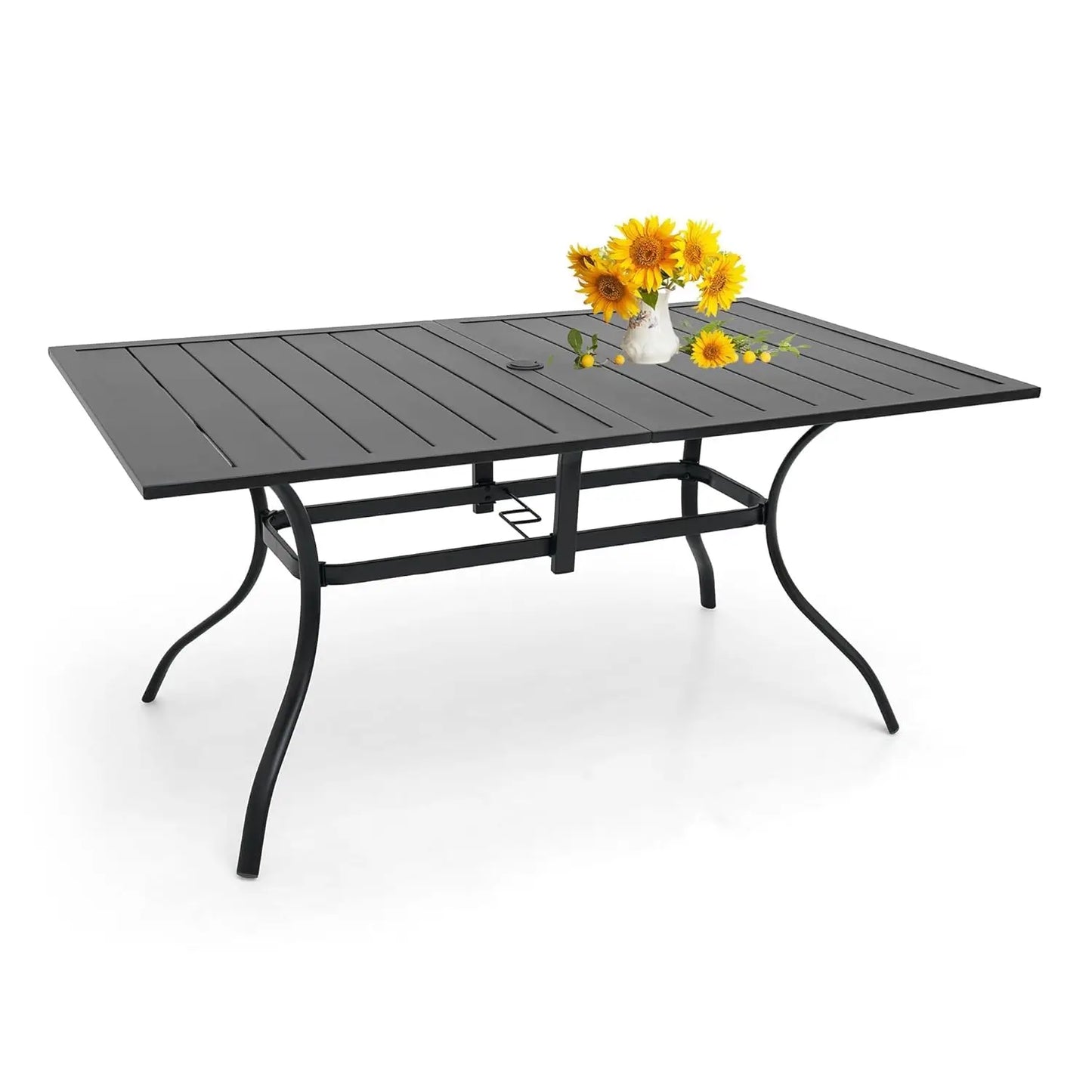Rectangle Metal Dining Table with Umbrella Hole 6-Person Patio Garden Poolside 57in Brown, Customized