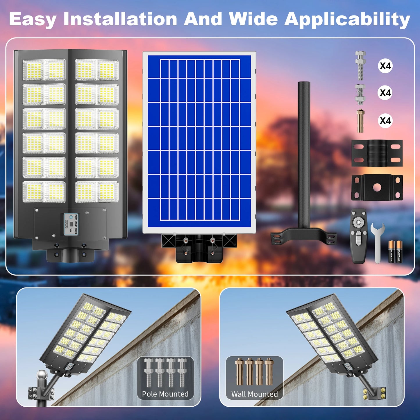 1-Pack 6000W Solar LED Flood Light, Solar Street Light with Motion Sensor & Remote Control, Dusk-to-Dawn Auto On/Off, 3 Brightness Modes, IP65 Waterproof, Easy Installation, Ideal for Yard, Patio, Basketball Court, Parking Lo