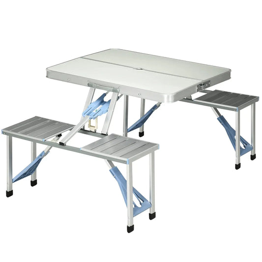 Folding Picnic Table with Umbrella Hole, Aluminum Suitcase Portable Outdoor Table with Bench, Patio, Porch or, Customized