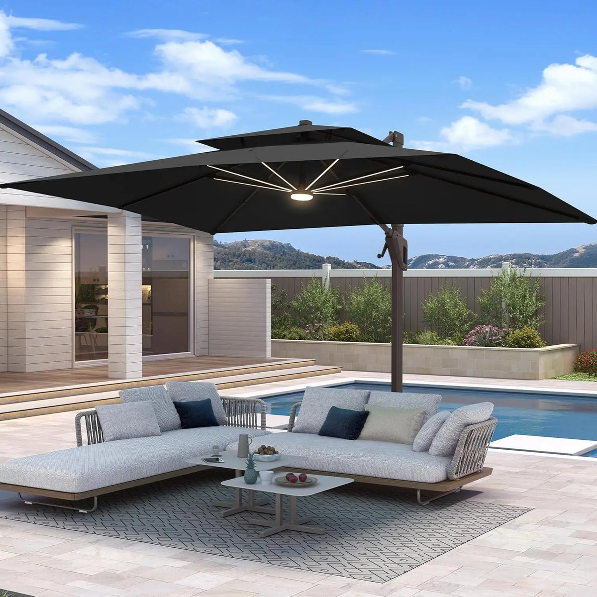 10 X 13 FT Cantilever Patio Umbrella with Base Included & Led Lights Outdoor Rectangle Offset Large Double Top, Customized