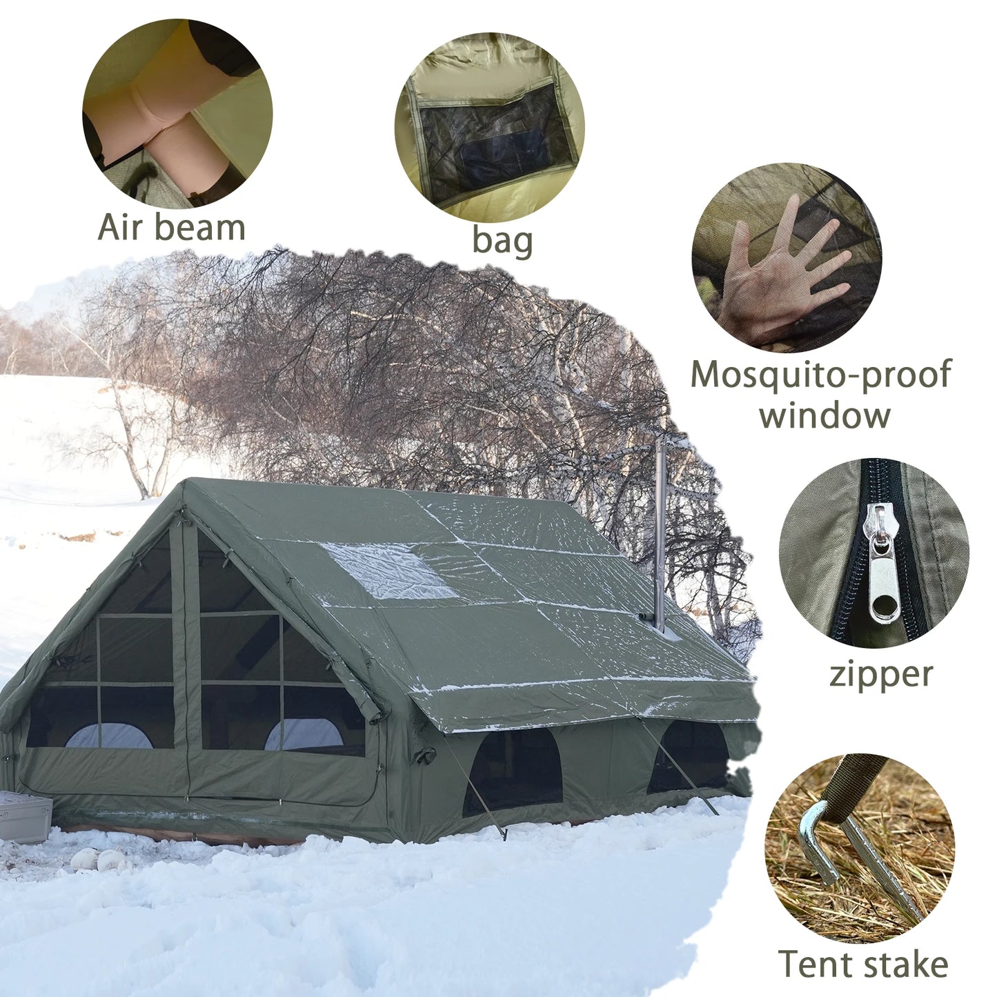 PAKICETUS Large Luxury Inflatable Camping Tent with Manual Hand Pump, Easy Setup 4 Season Anti-Snow Spacious Family Shelter, Weatherproof Air Tent for Outdoor Camping, Backyard Party & Wilderness Adventure