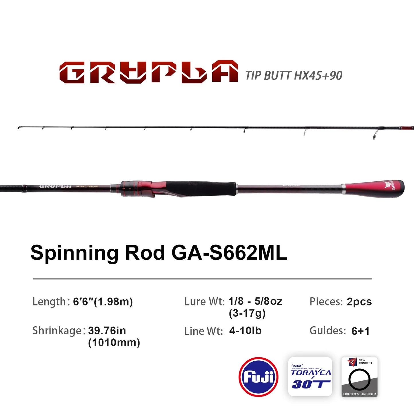 PURELURE GRUPLA Fishing Rod Spinning & Casting Fast/Extra Fast Action Light-MH Power Fuji Guide Rings 30T Carbon Fiber Blank Sturdy Reel Seat Carbon Triangle Handle