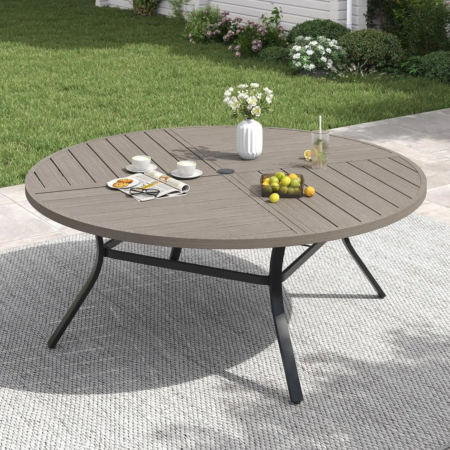 60" Round Patio Table with Umbrella Hole, All Weather Metal Outdoor Dining Table for 8, Outside Table, Customized