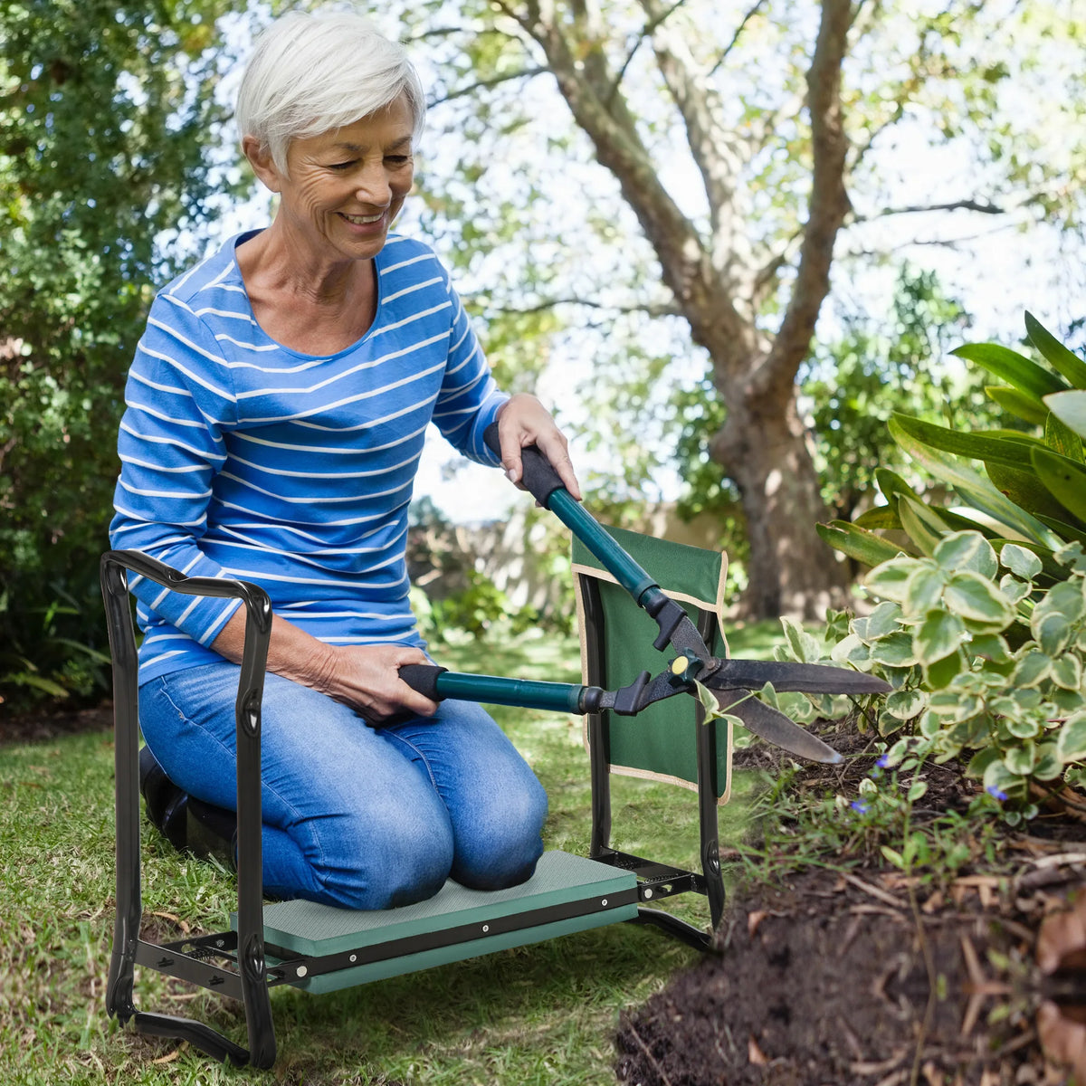 Folding Garden Kneeler Stool Bench Thick Kneeling Pad with Large Tool Pouch