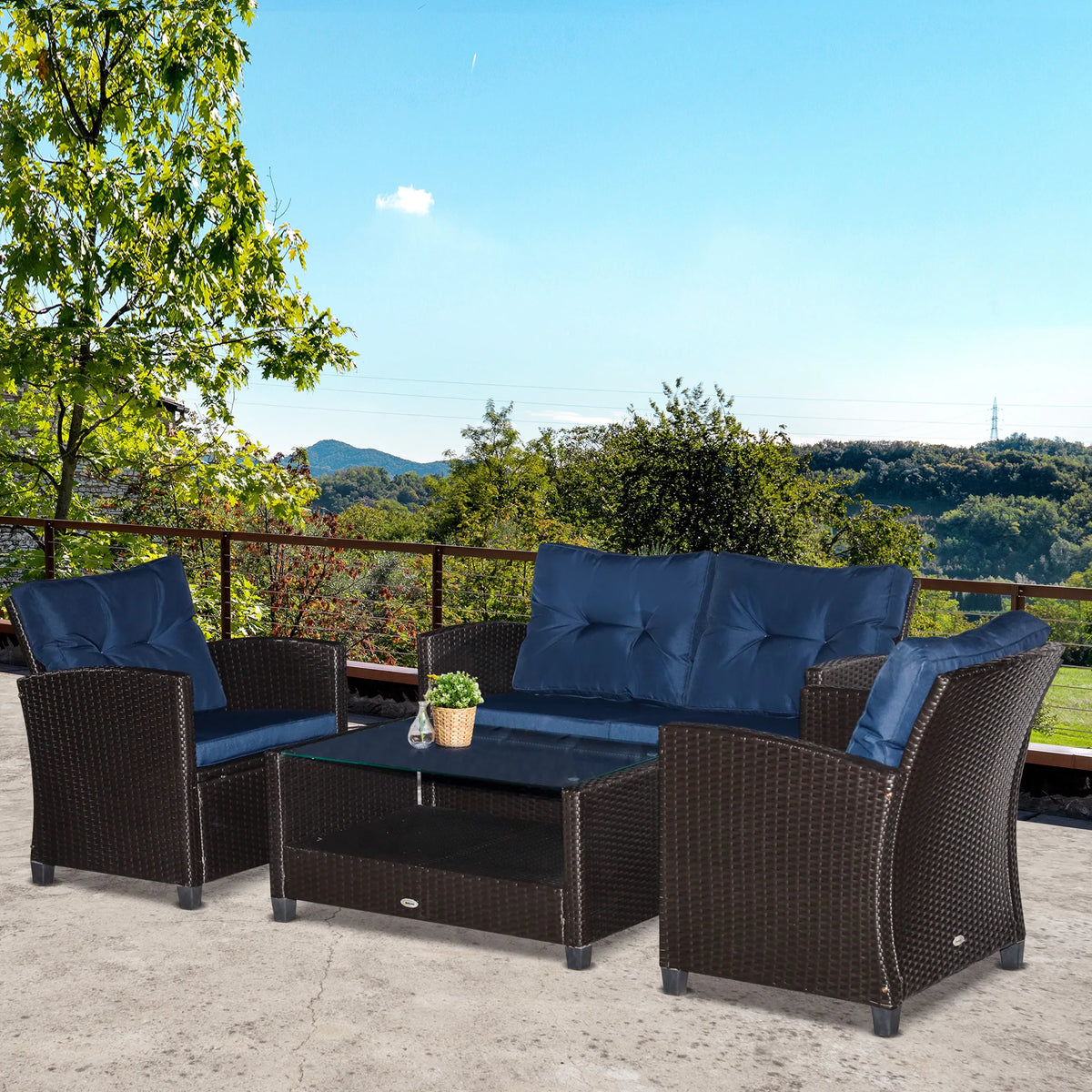 4 Piece Patio Furniture Set, Outdoor Wicker Loveseat Sofa & Chairs, with 2-Tier Coffee Table & Tufted Cushions, Navy Blue