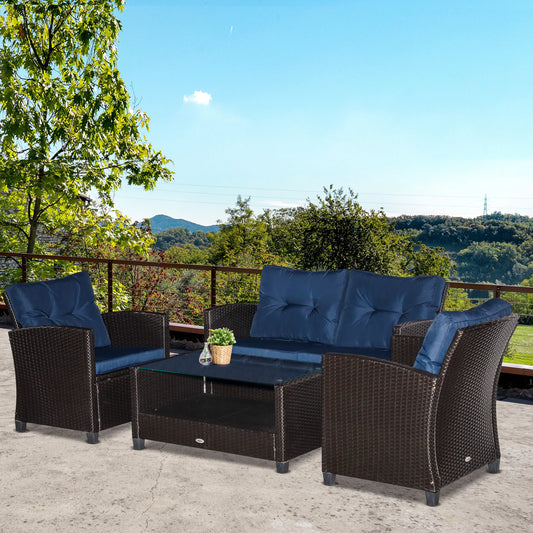 4 Piece Patio Furniture Set, Outdoor Wicker Loveseat Sofa & Chairs, with 2-Tier Coffee Table & Tufted Cushions, Navy Blue
