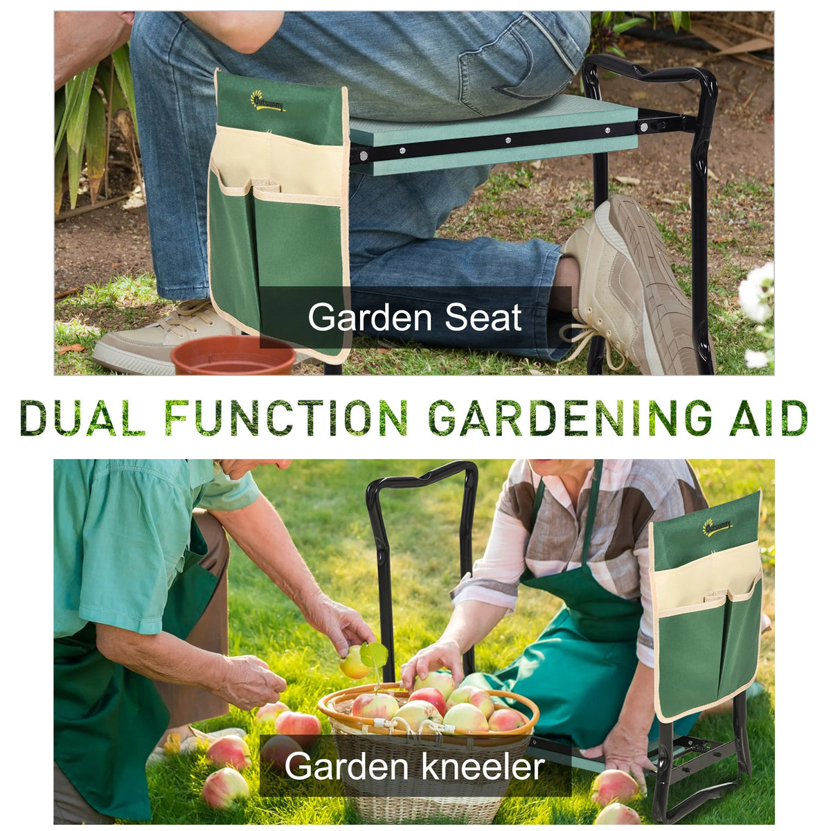 Folding Garden Kneeler Stool Bench Thick Kneeling Pad with Large Tool Pouch