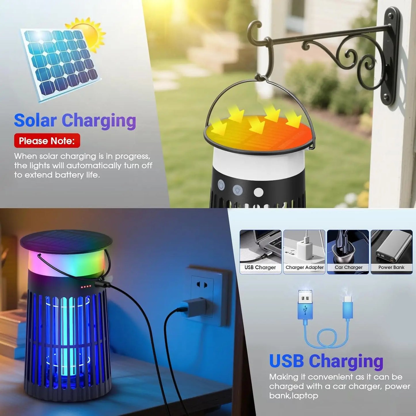 Solar Bug Zapper Outdoor, Portable Electric Mosquito Killer Rechargeable Insect Trap with LED Night Light and Flame Effect
