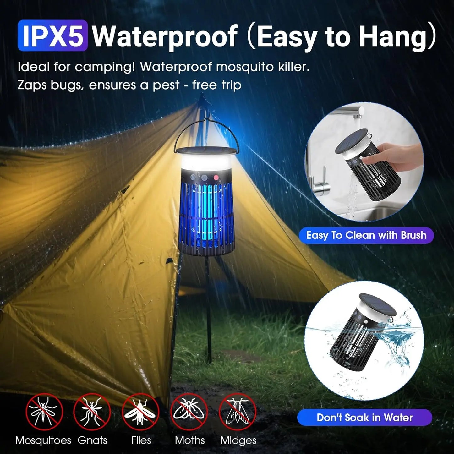 Solar Bug Zapper Outdoor, Portable Electric Mosquito Killer Rechargeable Insect Trap with LED Night Light and Flame Effect