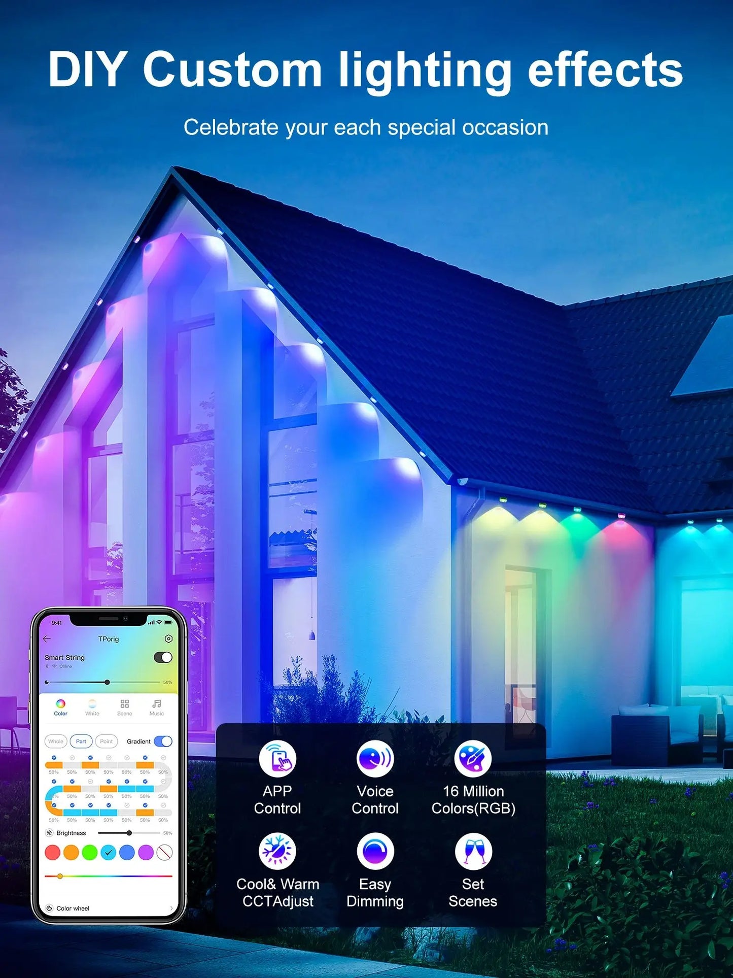 Permanent Outdoor Lights, 100ft/150FT RGBIC Outdoor Lights with 60/90 LED Lights, IP67 Waterproof, 100 Scene Modes