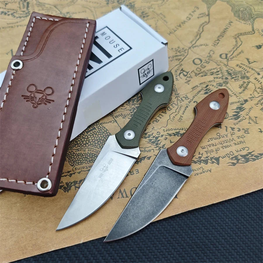 GiantMouse GMF3 Fixed Blade Knife Satin Drop Point Blade with Leather Sheath Outdoor Camping Hunting Portable Straight Knives