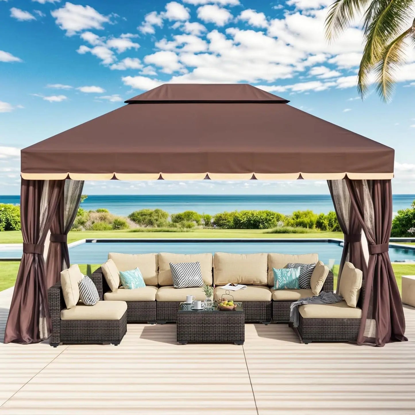 10'x13' Outdoor Patio Gazebo,Heavy Duty Party Tent & Shelter with Double Roofs, Mosquito Nettings and Curtains for, Custom