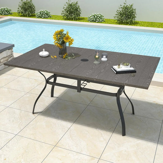 Rectangle Metal Dining Table with Umbrella Hole 6-Person Patio Garden Poolside 57in Brown, Customized