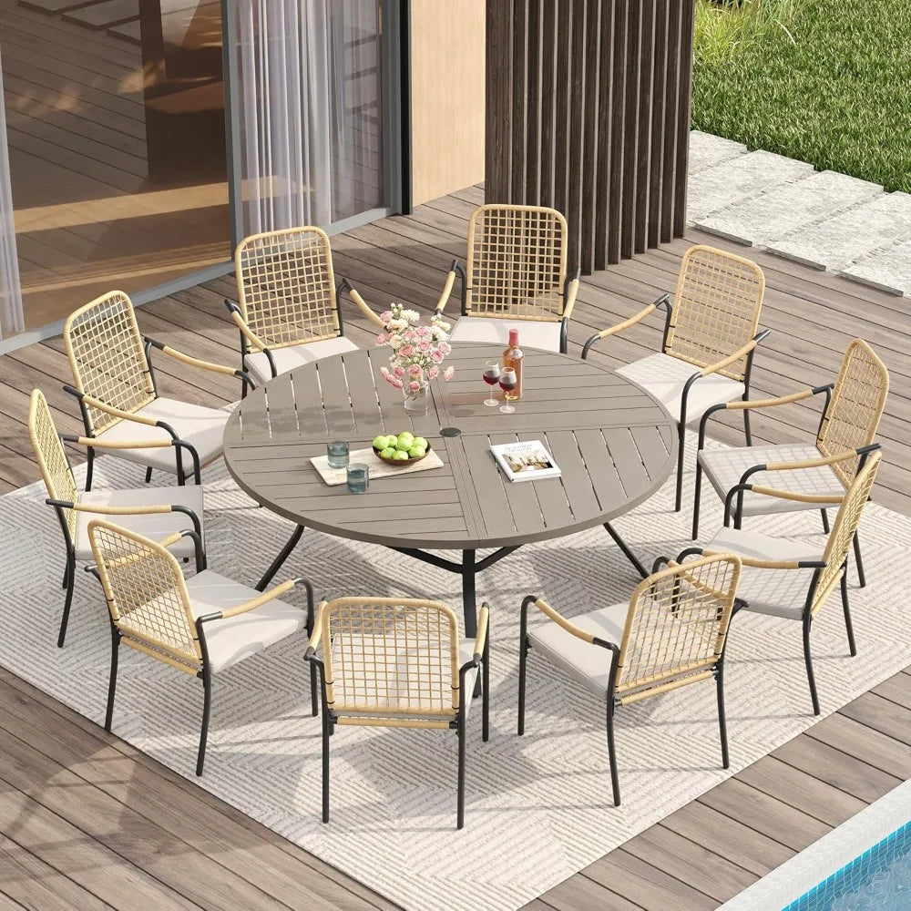 60" Round Patio Table with Umbrella Hole, All Weather Metal Outdoor Dining Table for 8, Outside Table, Customized