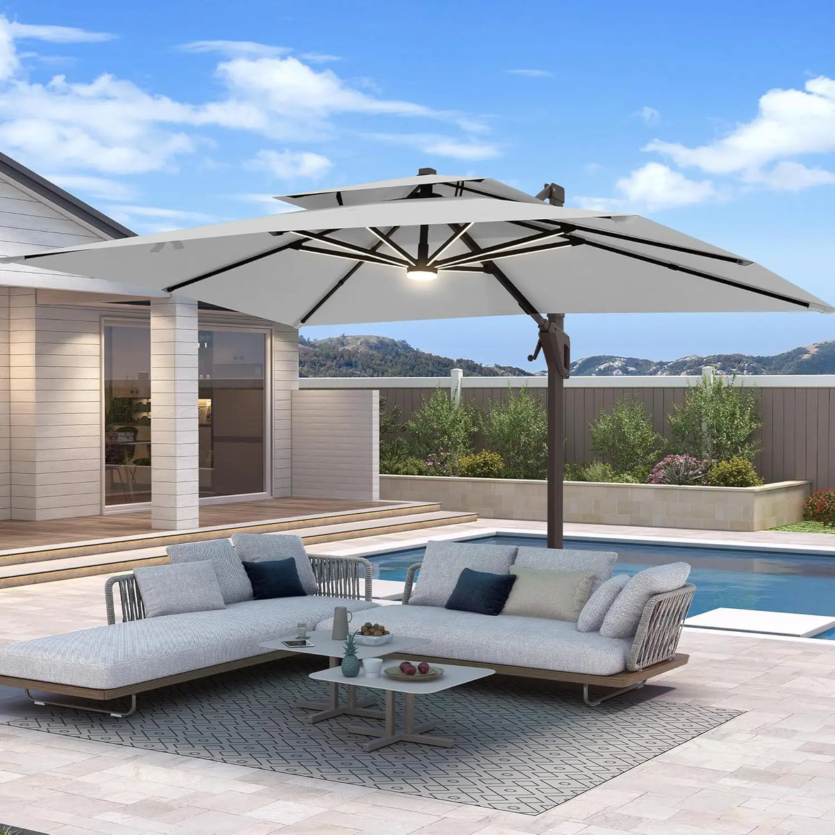 10 X 13 FT Cantilever Patio Umbrella with Base Included & Led Lights Outdoor Rectangle Offset Large Double Top, Customized