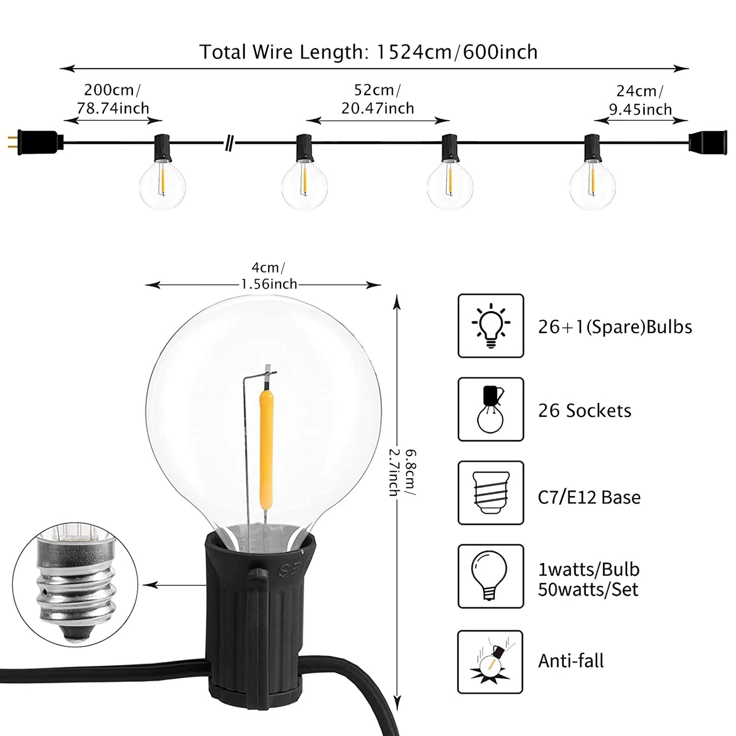 Aiopp 30M/15M G40 LED Globe String Lights Outdoor with US Plug, Bright Plastic Shatterproof Bulbs For Party Garden Garland Lamp