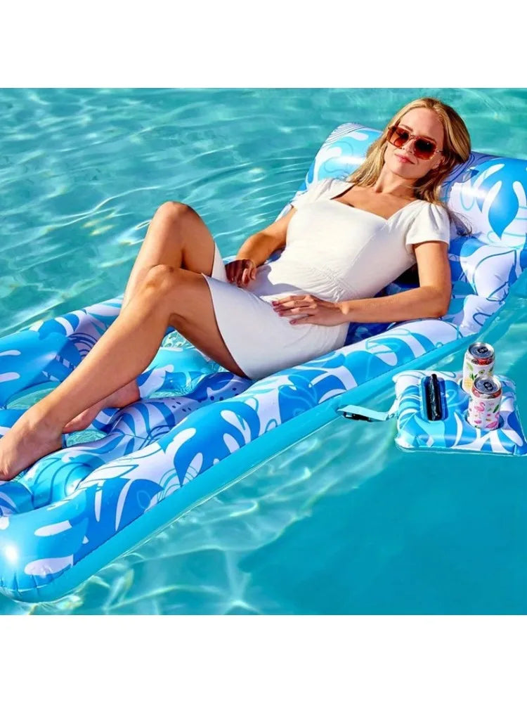 Adjustable Backrest Pool Floats-Tropical Leaves Pool Lounger Floaties Adults with Cup Holders Inflatable Tanning Float