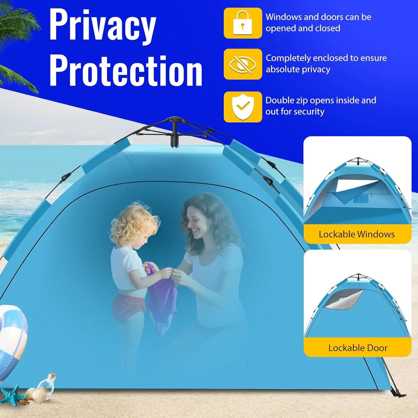 Automatic Rainproof Sunshine-proof Instant Pop-Up Beach Tent Sun Shelter with UPF 50+ UV Protection,Lightweight Easy Setup Portable Beach Canopy Portable Foldable Sun Shelter for Camping,Hiking,Fishing, Outdoor,Family Beach V