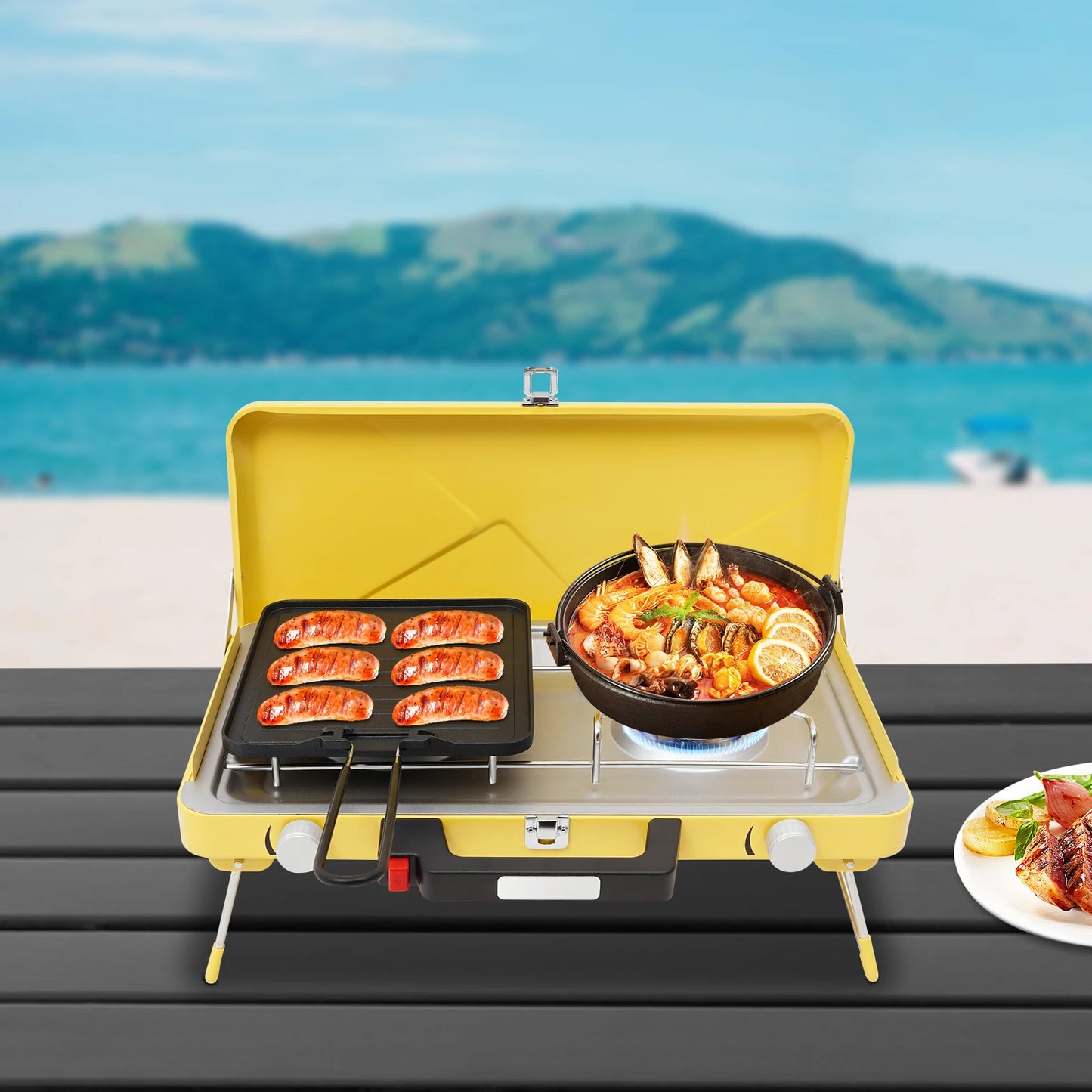 2-Burner Camping Stove 3500W, Portable Gas Grill with Piezoelectric Ignition & Windshield for Outdoor BBQ Picnic