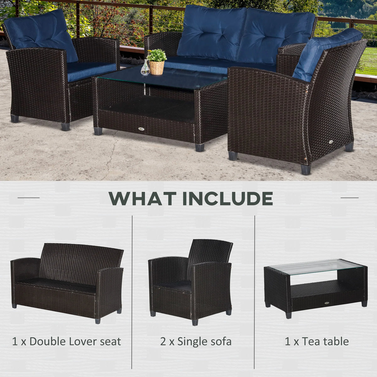 4 Piece Patio Furniture Set, Outdoor Wicker Loveseat Sofa & Chairs, with 2-Tier Coffee Table & Tufted Cushions, Navy Blue