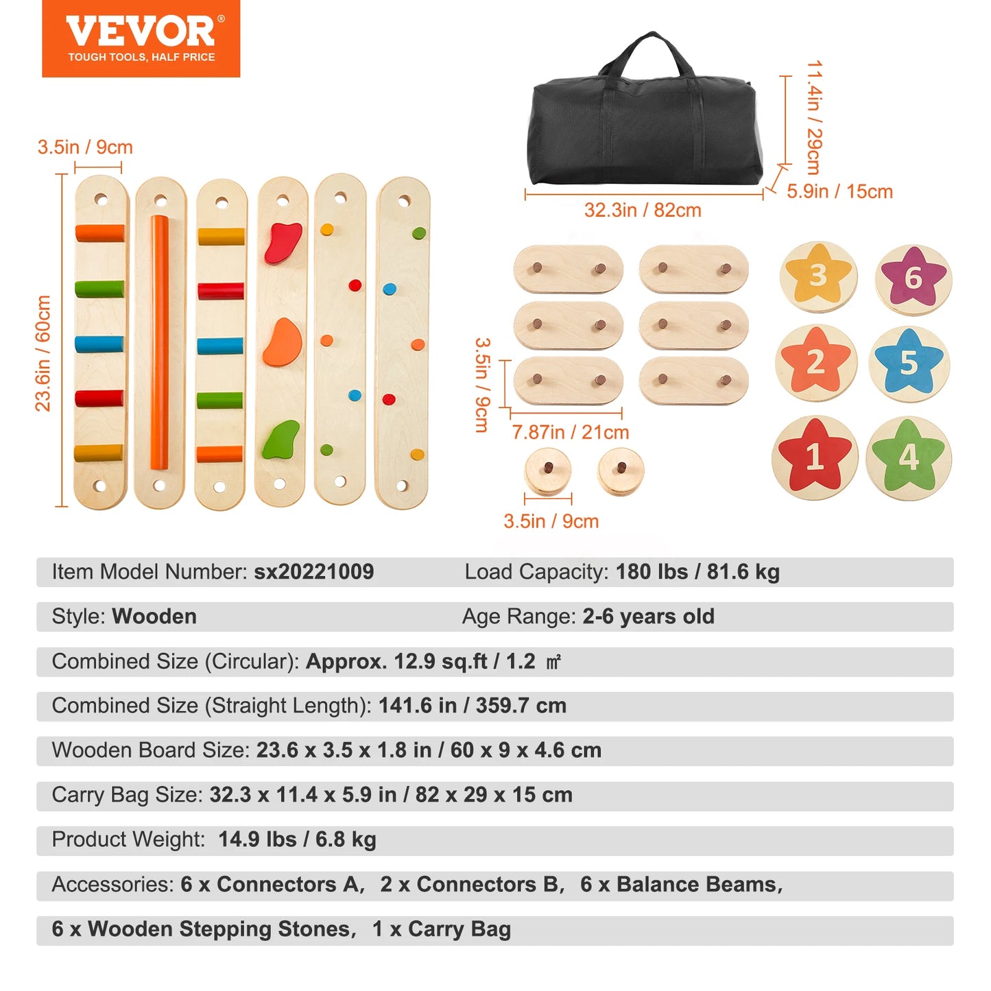 SucceBuy 6 PCS Balance Beam Stepping Stones Indoor Outdoor Wooden Toddler Balance Boards for Kids 2-6 Children Montessori Toy