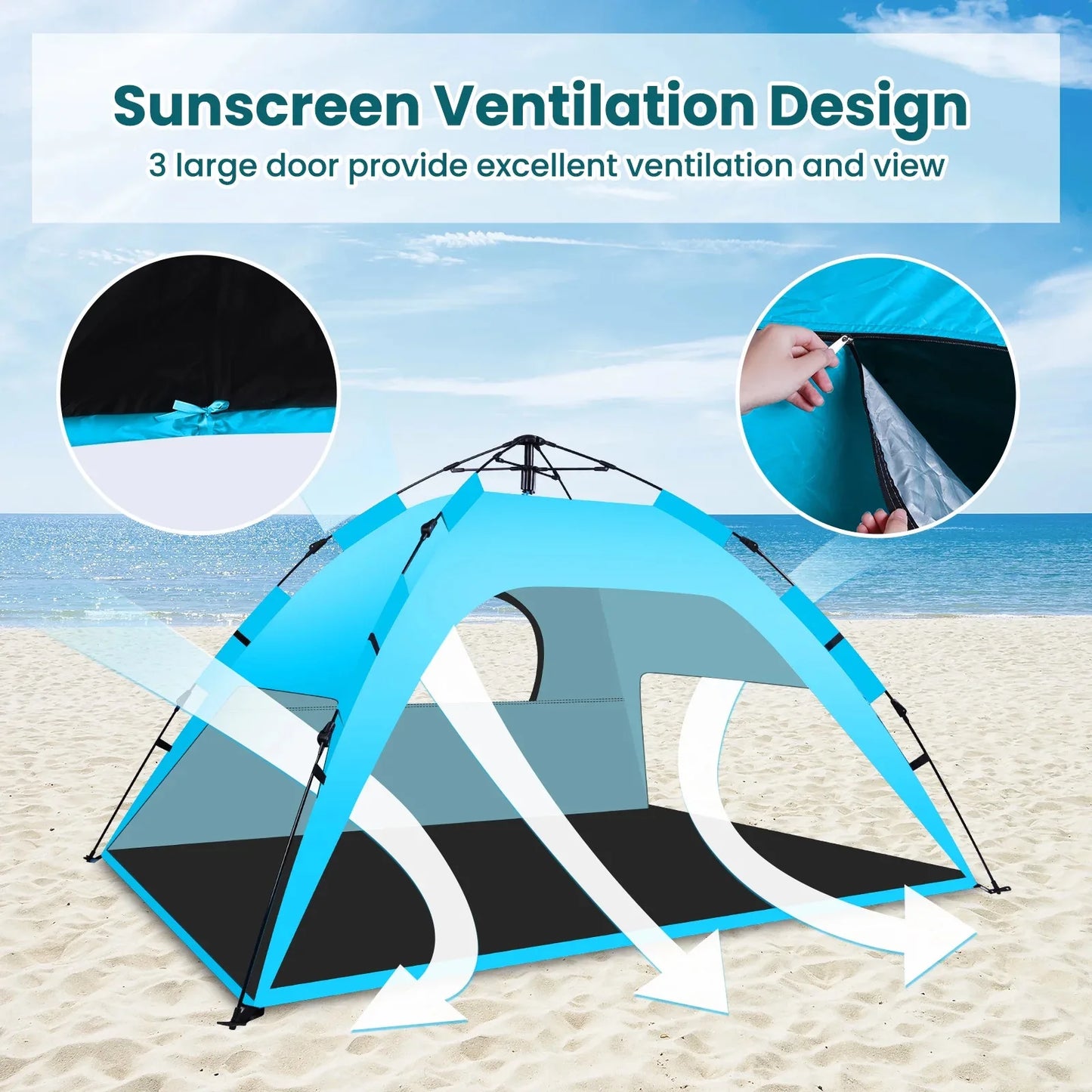 Automatic Rainproof Sunshine-proof Instant Pop-Up Beach Tent Sun Shelter with UPF 50+ UV Protection,Lightweight Easy Setup Portable Beach Canopy Portable Foldable Sun Shelter for Camping,Hiking,Fishing, Outdoor,Family Beach V