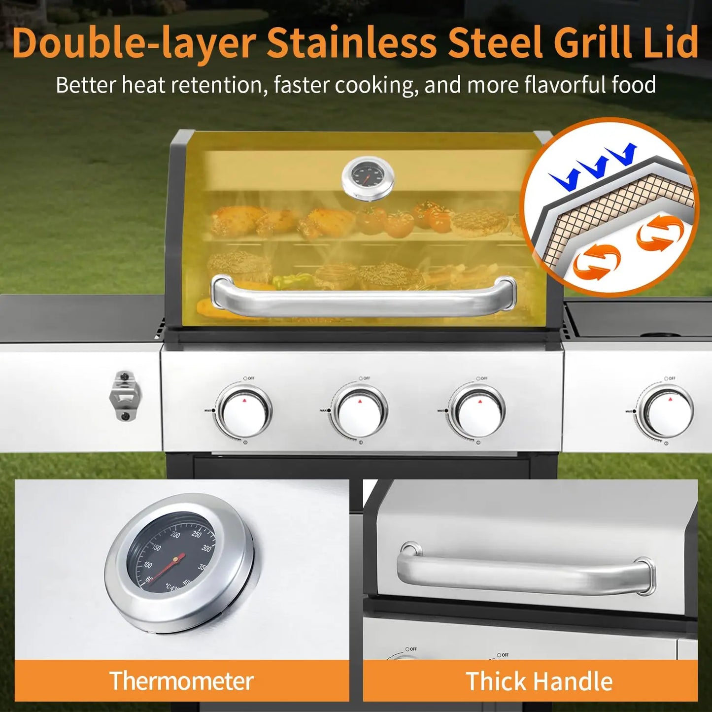 3 Burner Propane Gas Grill, Outdoor BBQ Grill with Side Burner, Barbecue Grill with Cast Iron Grate, Outdoor Gas, Customized