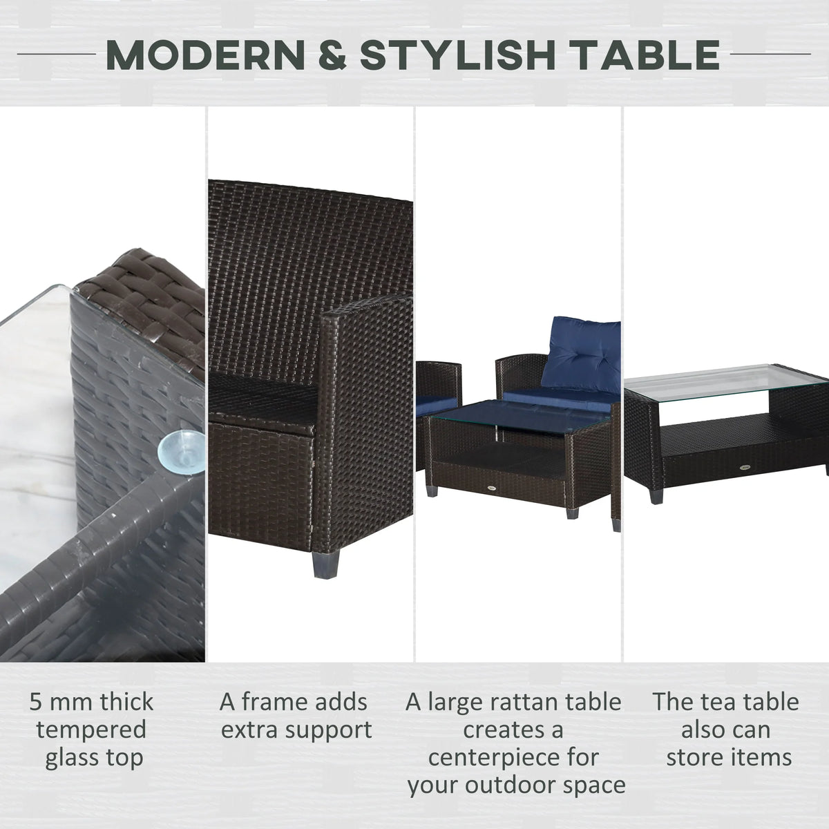 4 Piece Patio Furniture Set, Outdoor Wicker Loveseat Sofa & Chairs, with 2-Tier Coffee Table & Tufted Cushions, Navy Blue