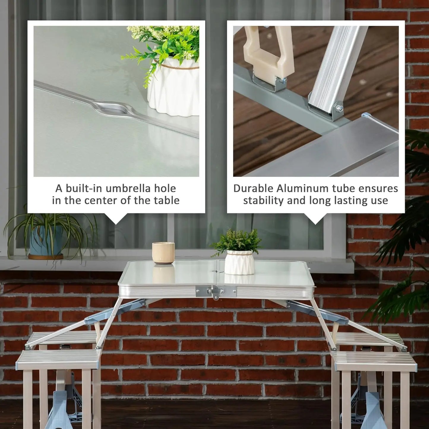 Folding Picnic Table with Umbrella Hole, Aluminum Suitcase Portable Outdoor Table with Bench, Patio, Porch or, Customized