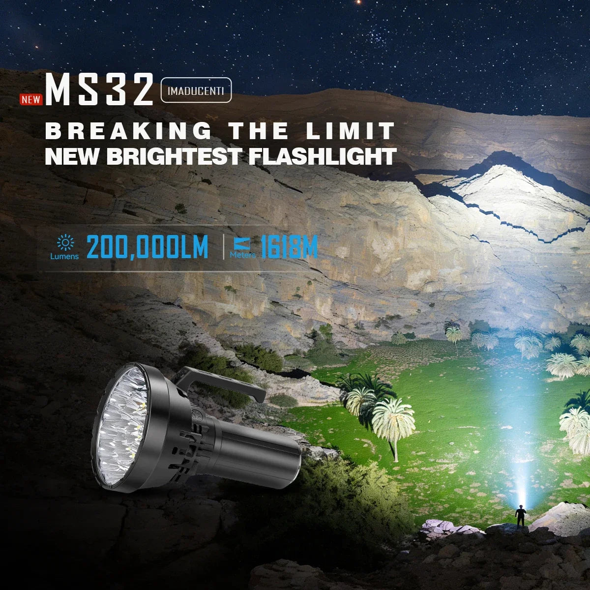 IMALENT MS32 200000 Lumen High Power LED Flashlight with 32 Cree XH70 II High Brightness, 100W Type-C Professional Searchlight