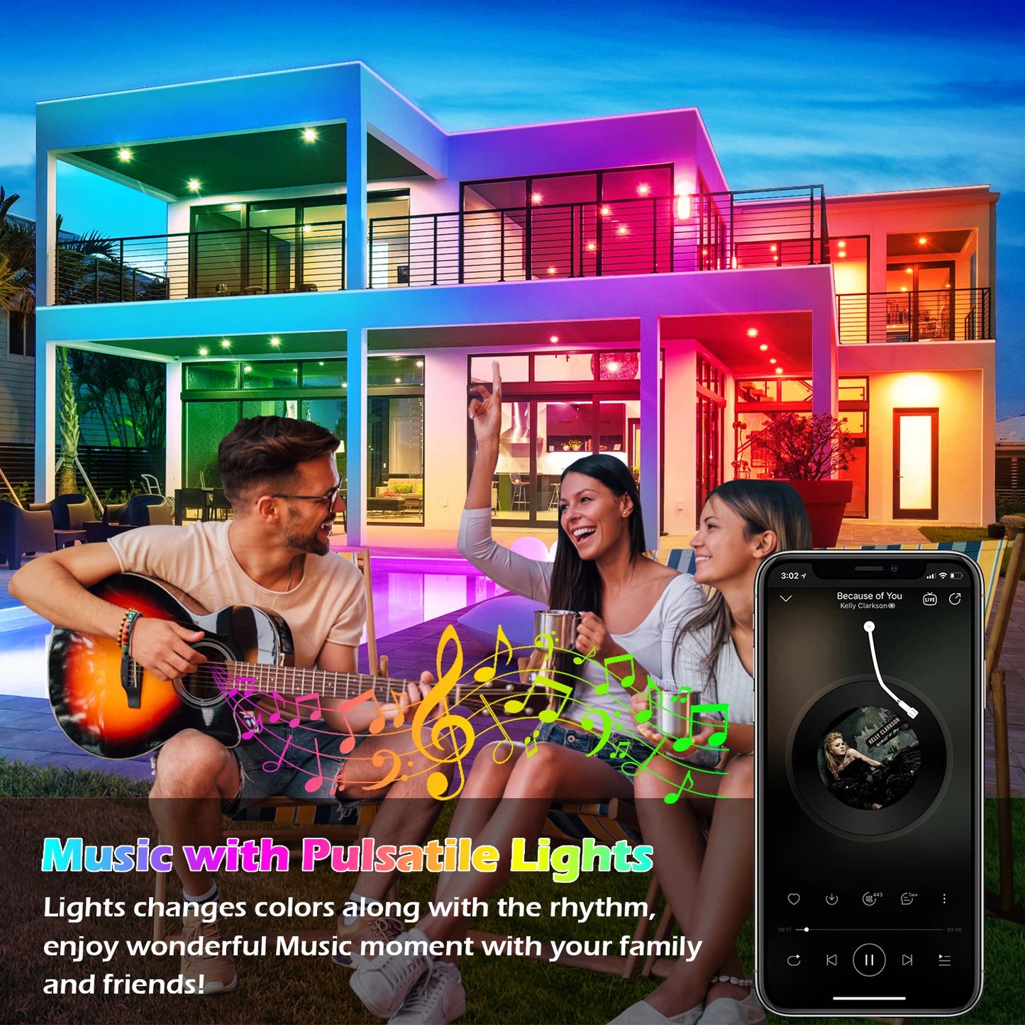 Outdoor Waterproof LED Strip Lights,50Ft Music Sync RGB IP65 Led Lights with App Control and Remote,Color Changing Waterproof Led Rope Lights for Outdoor,Balcony,Roof,Garden,Stairs Party