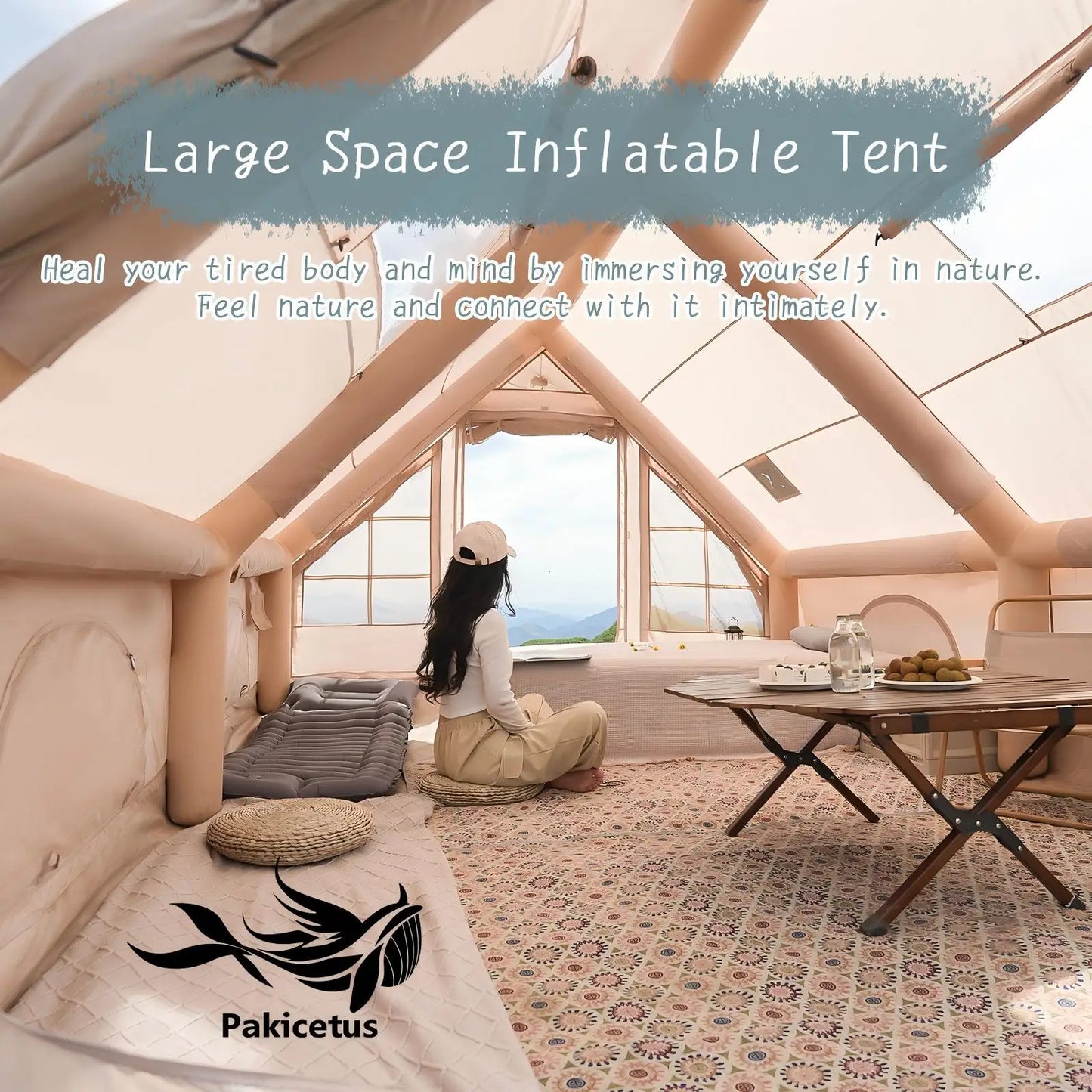 PAKICETUS Large Luxury Inflatable Camping Tent with Manual Hand Pump, Easy Setup 4 Season Anti-Snow Spacious Family Shelter, Weatherproof Air Tent for Outdoor Camping, Backyard Party & Wilderness Adventure