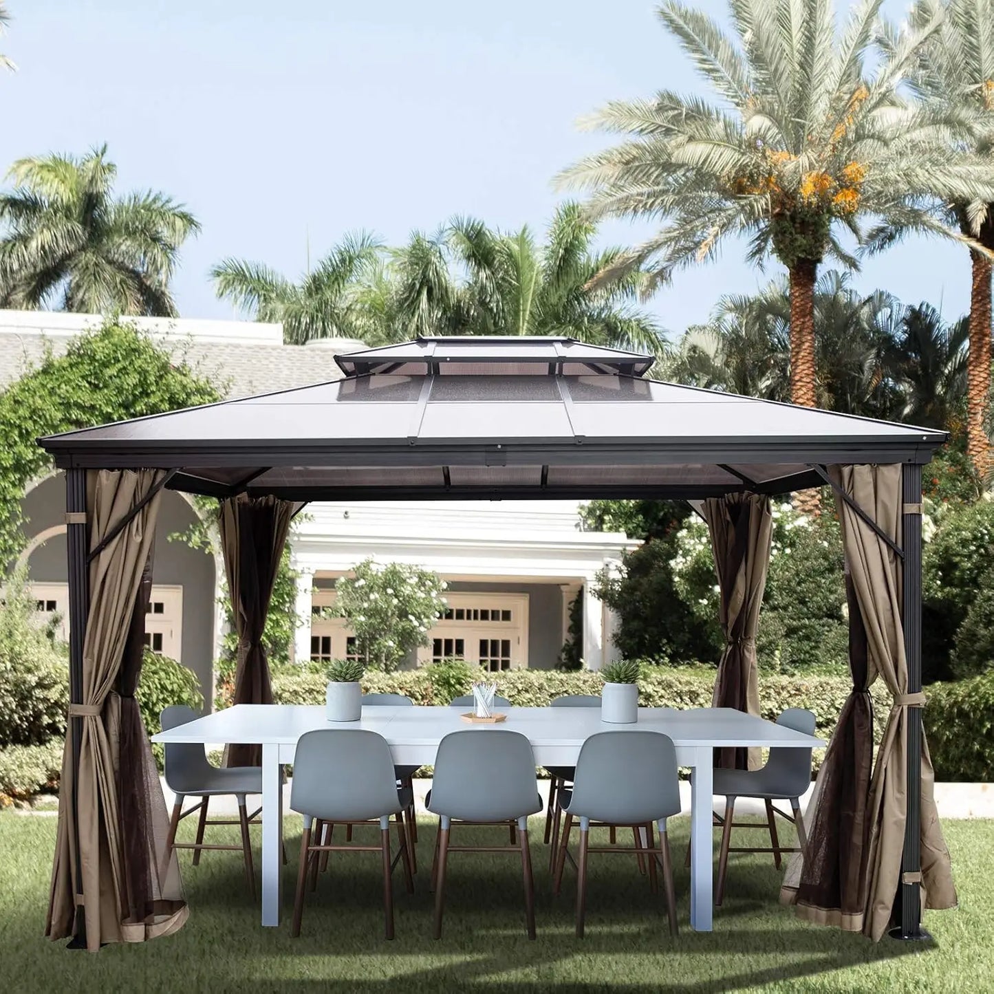 Polycarbonate Hardtop 10x10 Gazebo with Netting Aluminum Double Tier Roof for Patio Backyard Outdoor, Customized